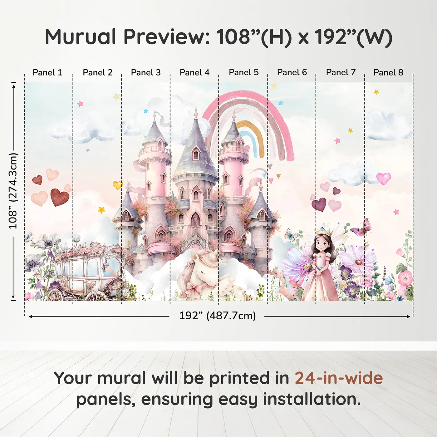 Whimsy Tots Princess and Unicorn Wall Muraldimension view (108" H x 192" W). Printed in eight 24-inch-wide panels. Best for Girls