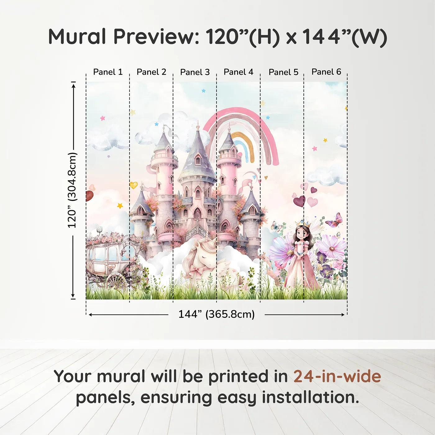 Whimsy Tots Princess and Unicorn Wall Muraldimension view (120" H x 144" W). Printed in six 24-inch-wide panels. Best for Girls