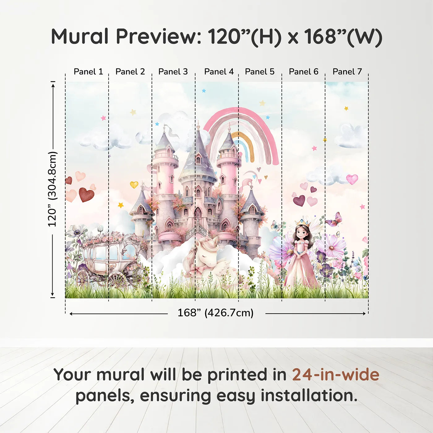 Whimsy Tots Princess and Unicorn Wall Muraldimension view (120" H x 168" W). Printed in seven 24-inch-wide panels. Best for Girls