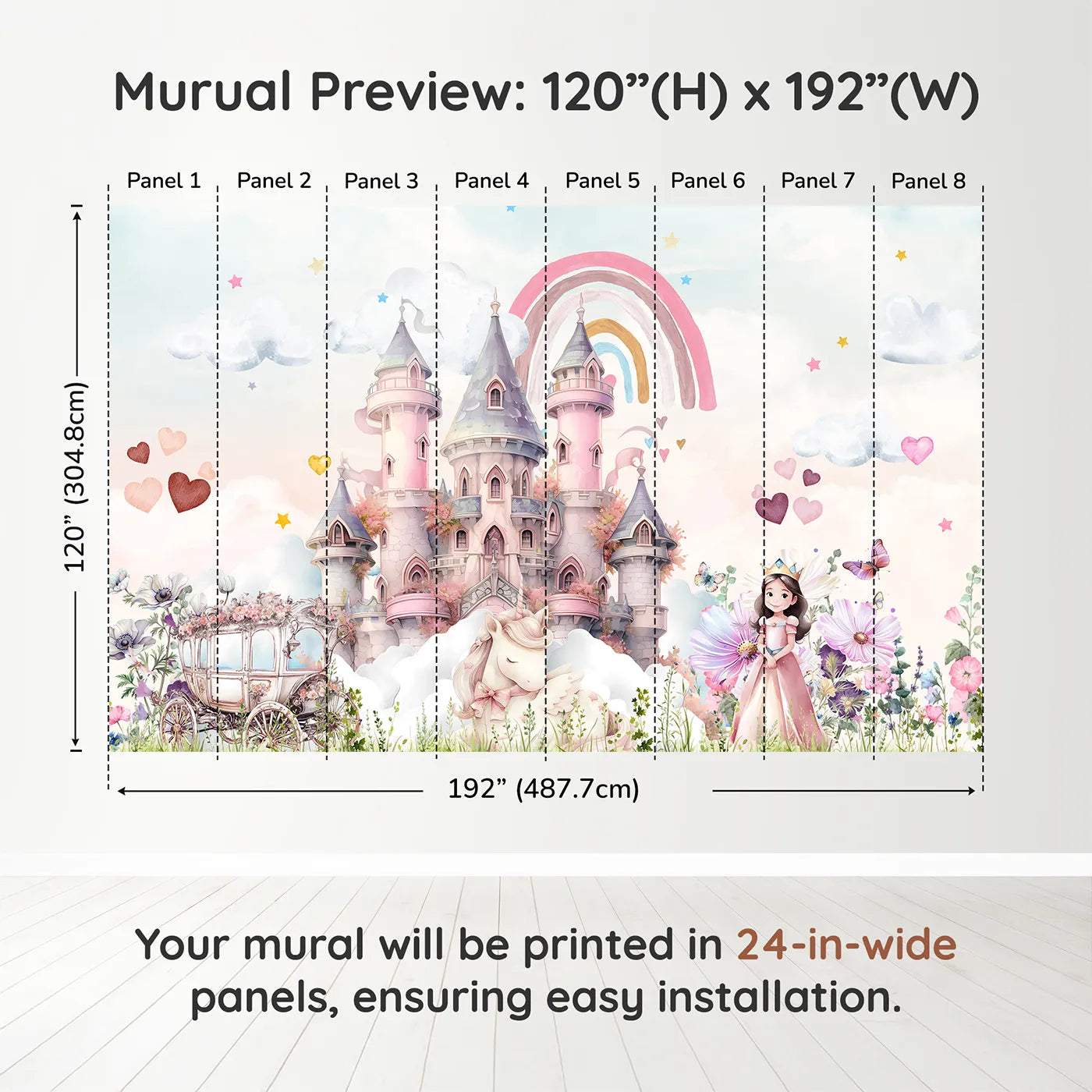 Whimsy Tots Princess and Unicorn Wall Muraldimension view (120" H x 192" W). Printed in eight 24-inch-wide panels. Best for Girls
