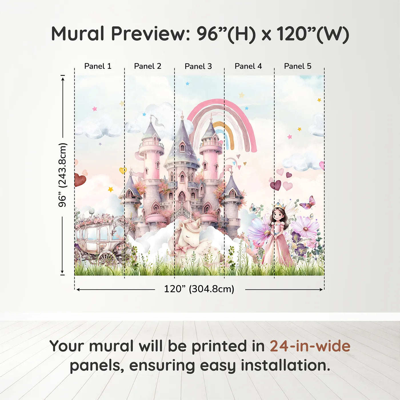 Whimsy Tots Princess and Unicorn Wall Muraldimension view (96" H x 120" W). Printed in five 24-inch-wide panels. Best for Girls