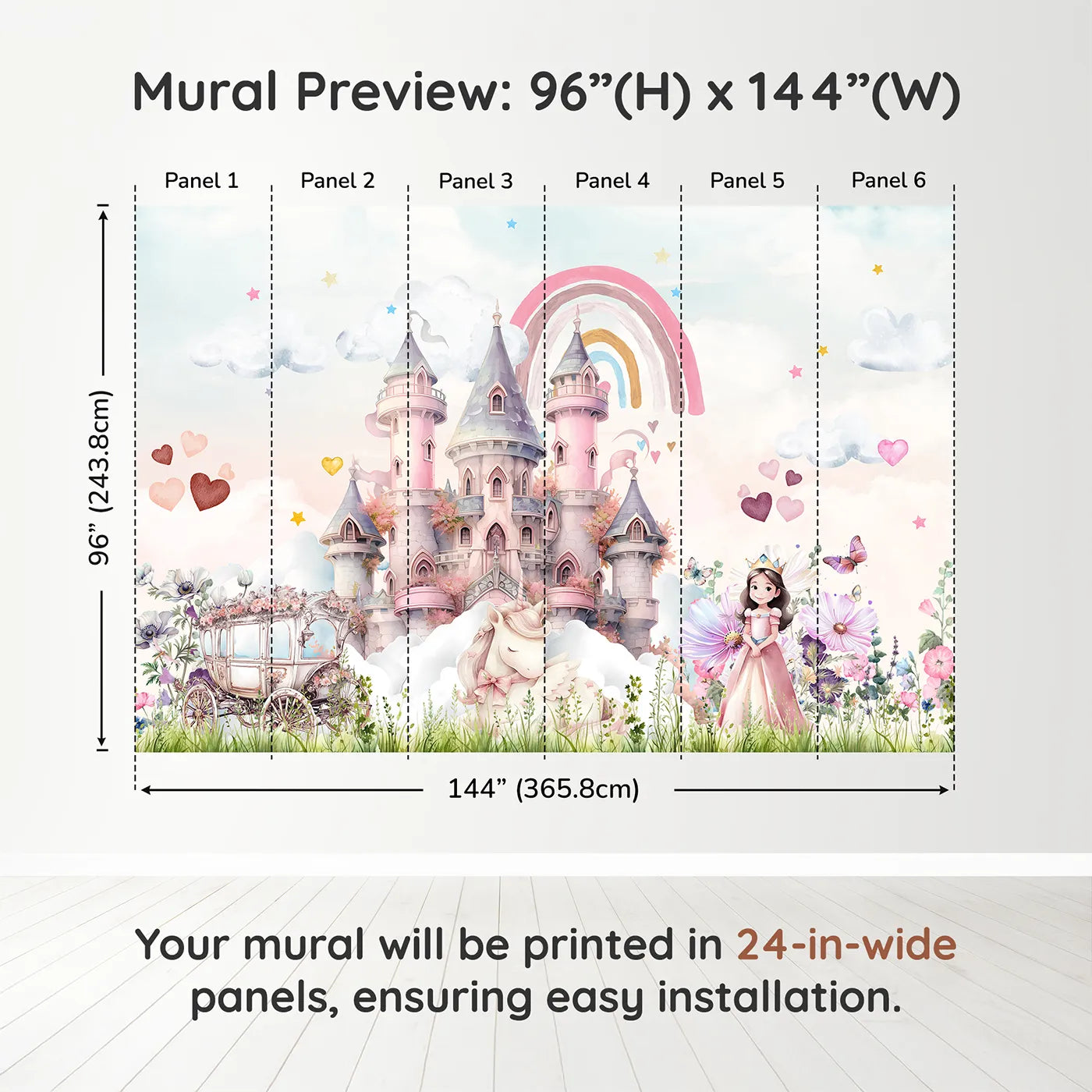 Whimsy Tots Princess and Unicorn Wall Muraldimension view (96" H x 144" W). Printed in six 24-inch-wide panels. Best for Girls