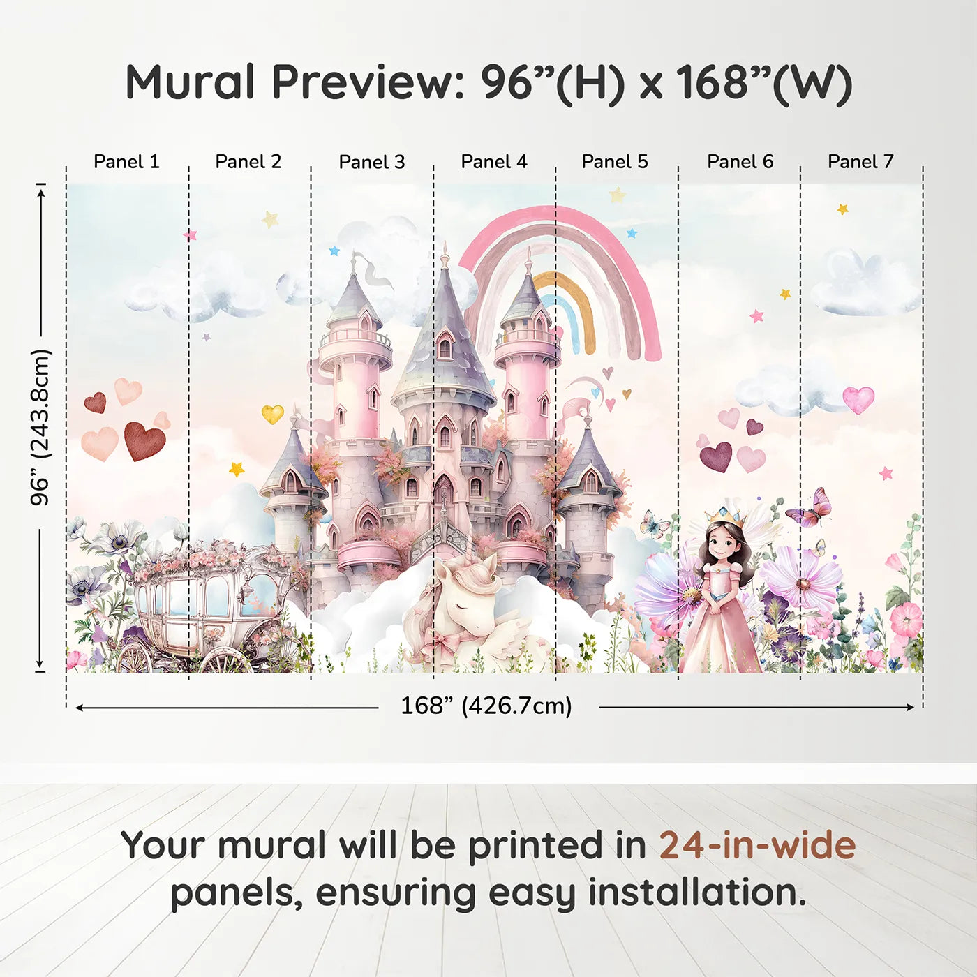Whimsy Tots Princess and Unicorn Wall Muraldimension view (96" H x 168" W). Printed in seven 24-inch-wide panels. Best for Girls