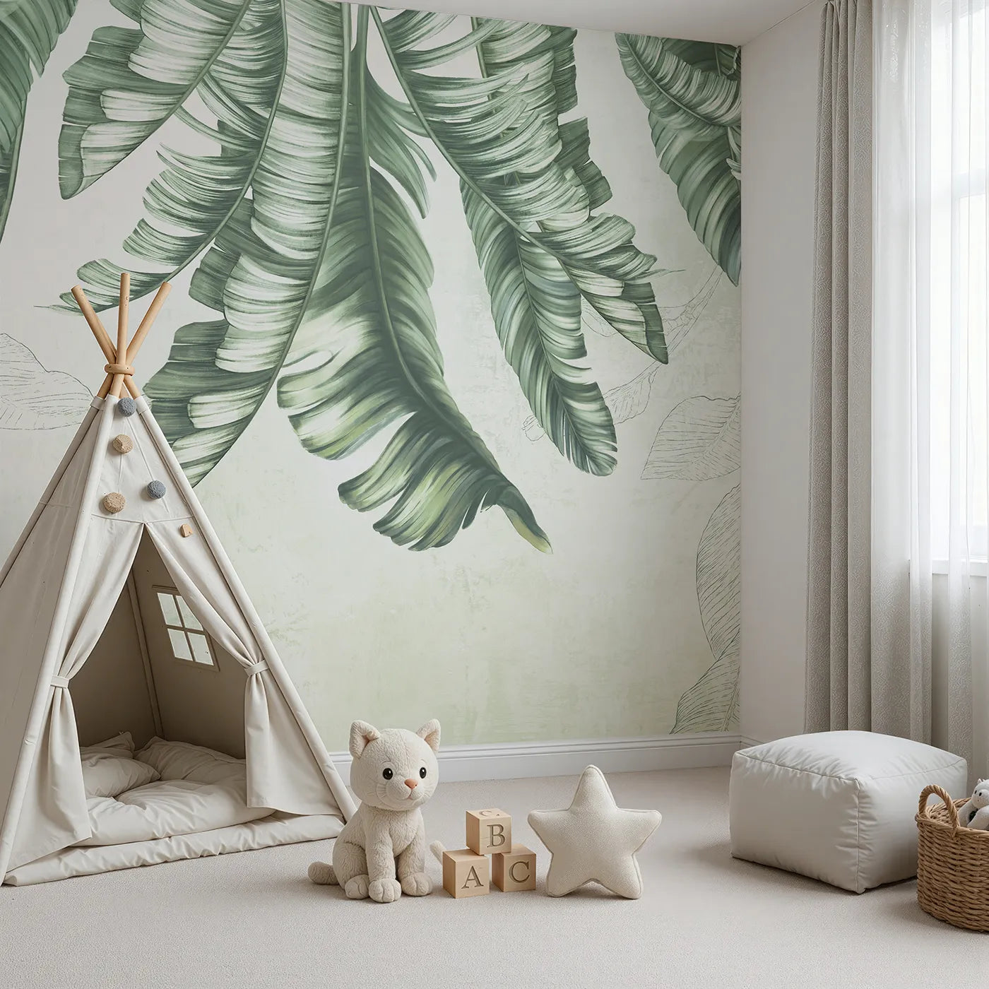 Angled view of Whimsy Tots' Hanging Banana Leaves Wall Mural (Turn Their Room into a Calm and Leafy Canopy).Gender-Neutral