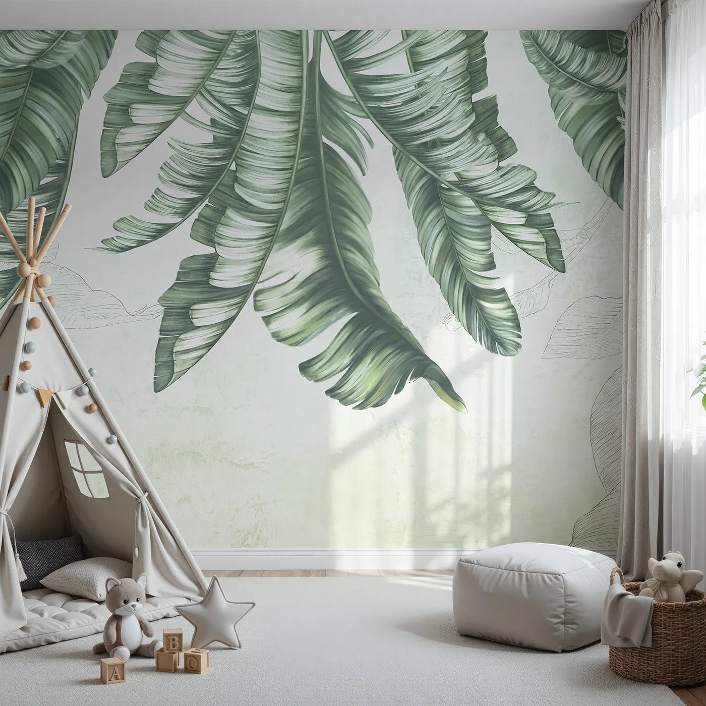 Front view of Whimsy Tots' Hanging Banana Leaves Wall Mural