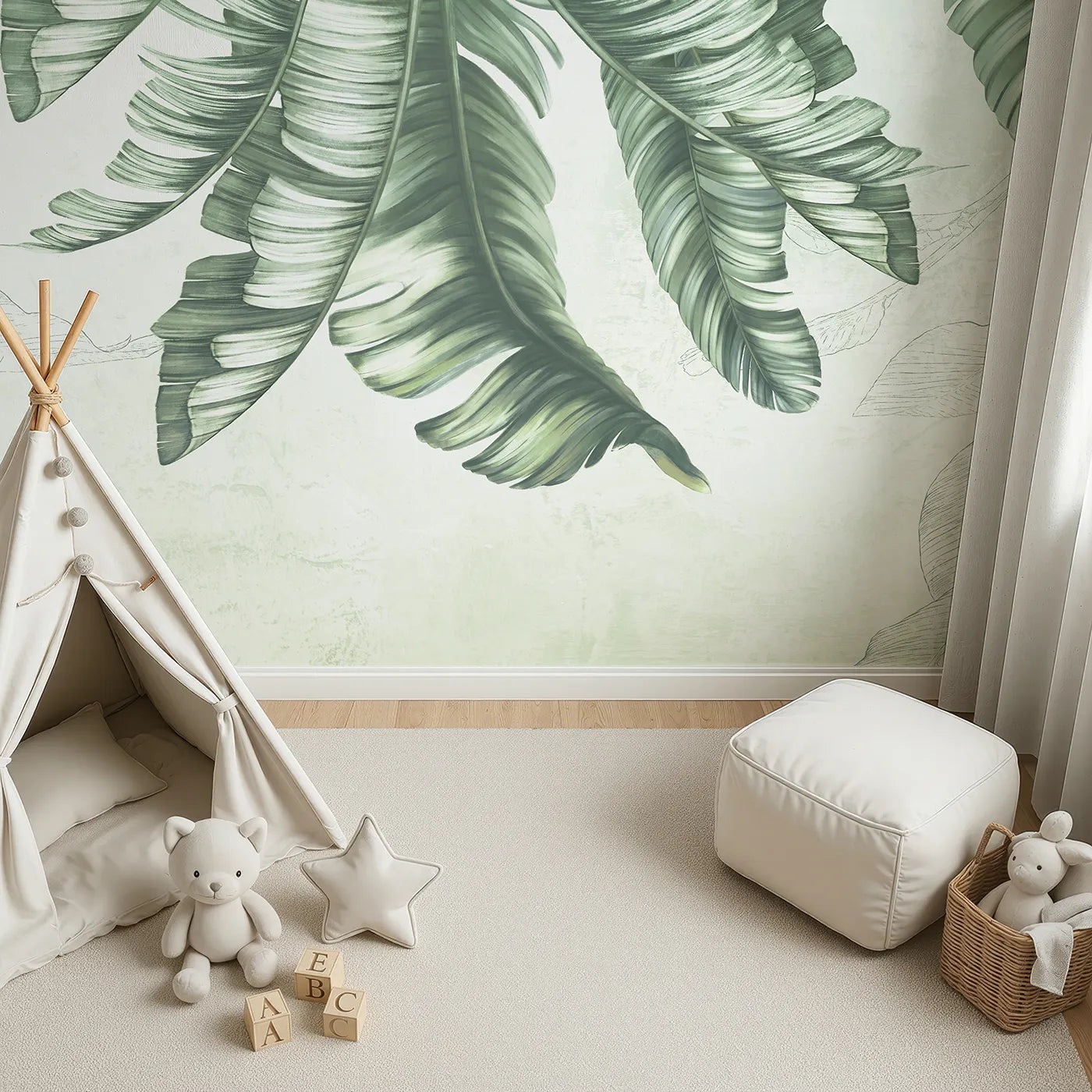 Top-down view of Whimsy Tots' Hanging Banana Leaves Wall Mural (Turn Their Room into a Calm and Leafy Canopy).Gender-Neutral