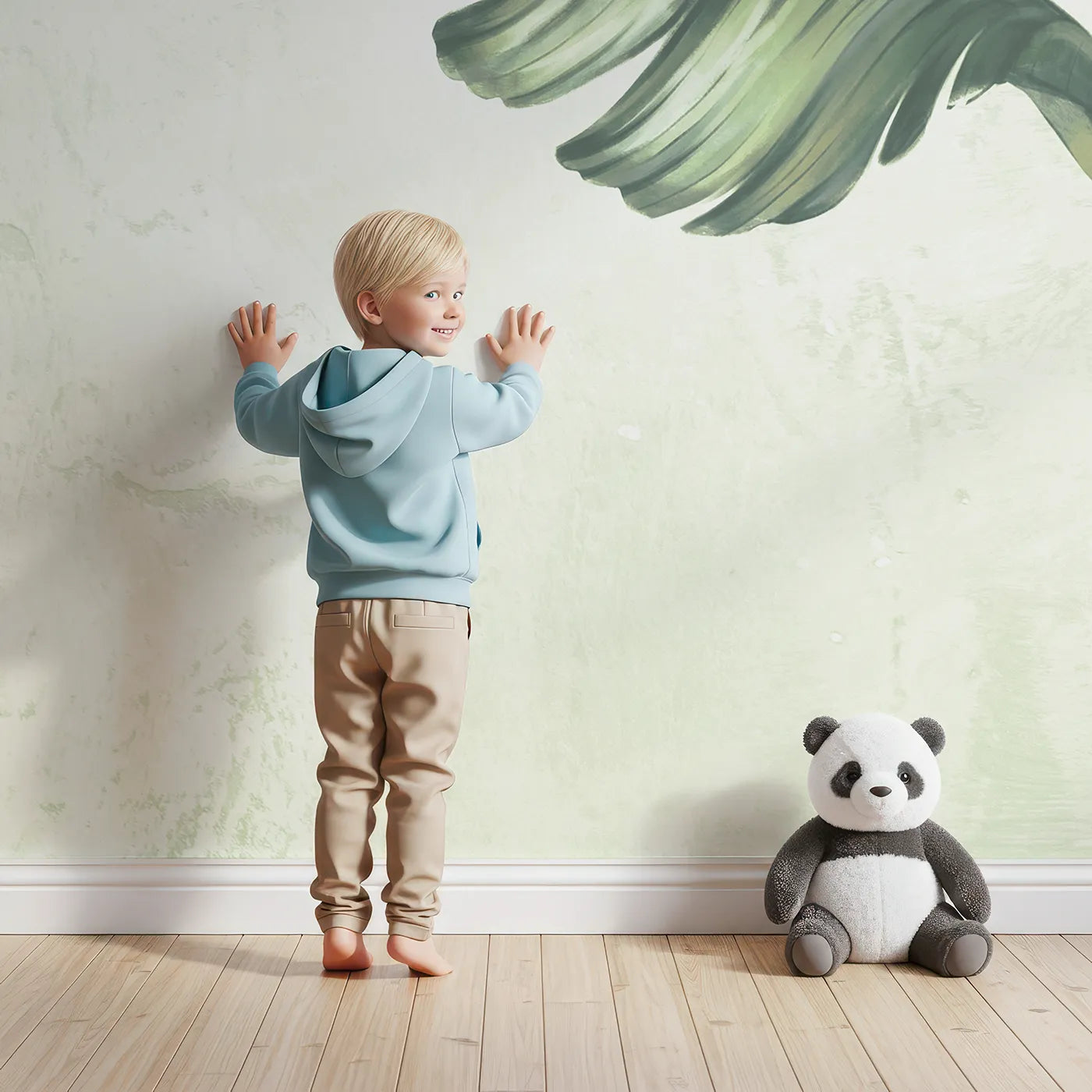 Child in front of Whimsy Tots Hanging Banana Leaves Wall Mural with leaf, banana, tropical, green, canopy, nature, botanical, jungle in design.