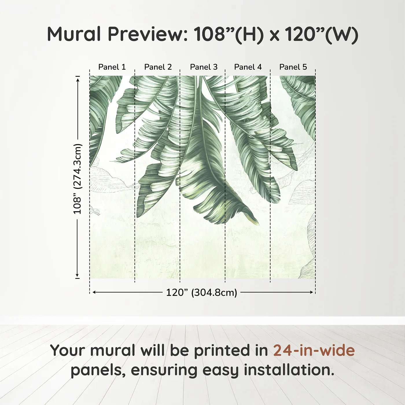 Whimsy Tots Hanging Banana Leaves Wall Muraldimension view (108" H x 120" W). Printed in five 24-inch-wide panels. Gender-Neutral