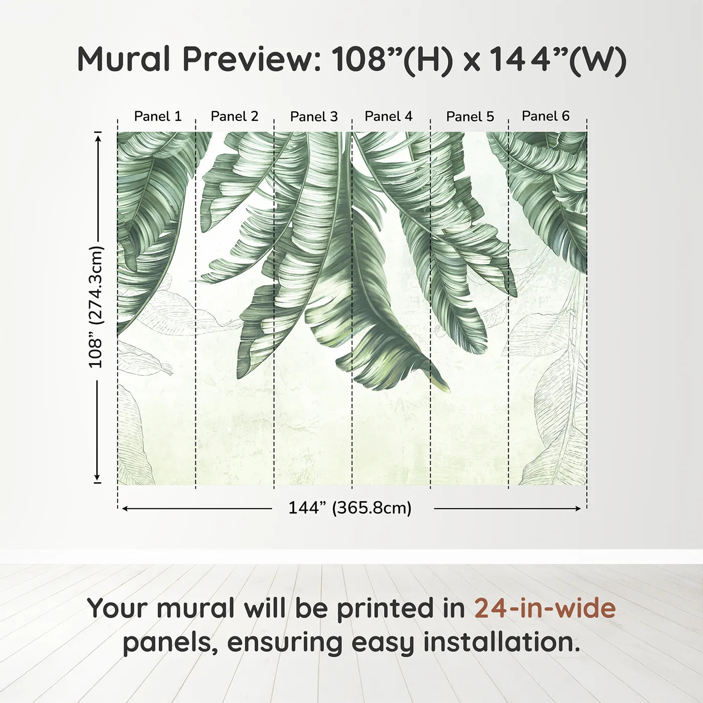 Whimsy Tots Hanging Banana Leaves Wall Muraldimension view (108" H x 144" W). Printed in six 24-inch-wide panels. Gender-Neutral