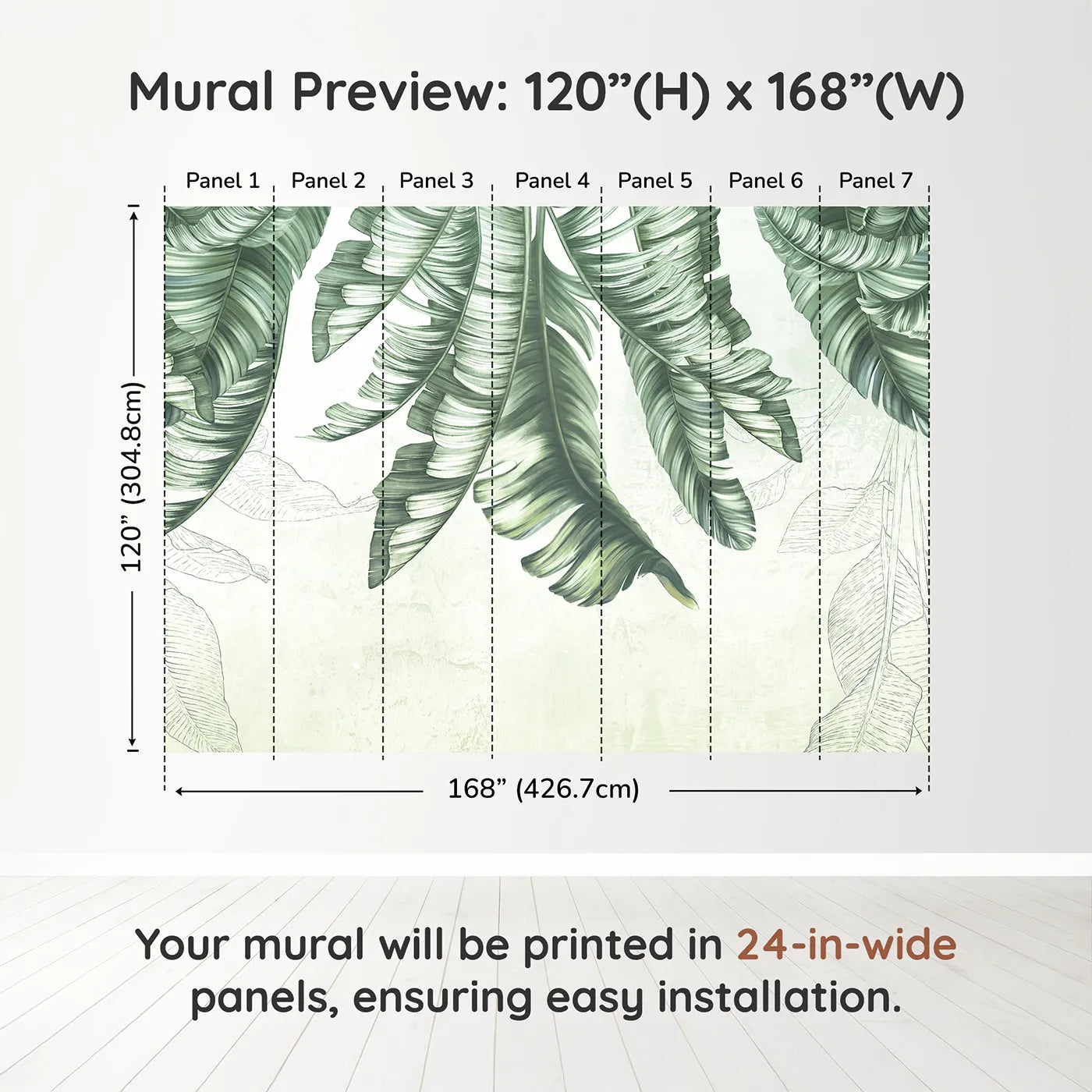Whimsy Tots Hanging Banana Leaves Wall Muraldimension view (120" H x 168" W). Printed in seven 24-inch-wide panels. Gender-Neutral
