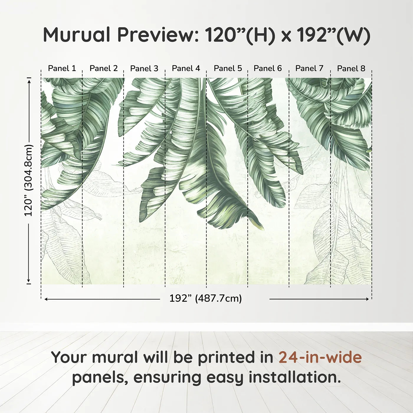 Whimsy Tots Hanging Banana Leaves Wall Muraldimension view (120" H x 192" W). Printed in eight 24-inch-wide panels. Gender-Neutral
