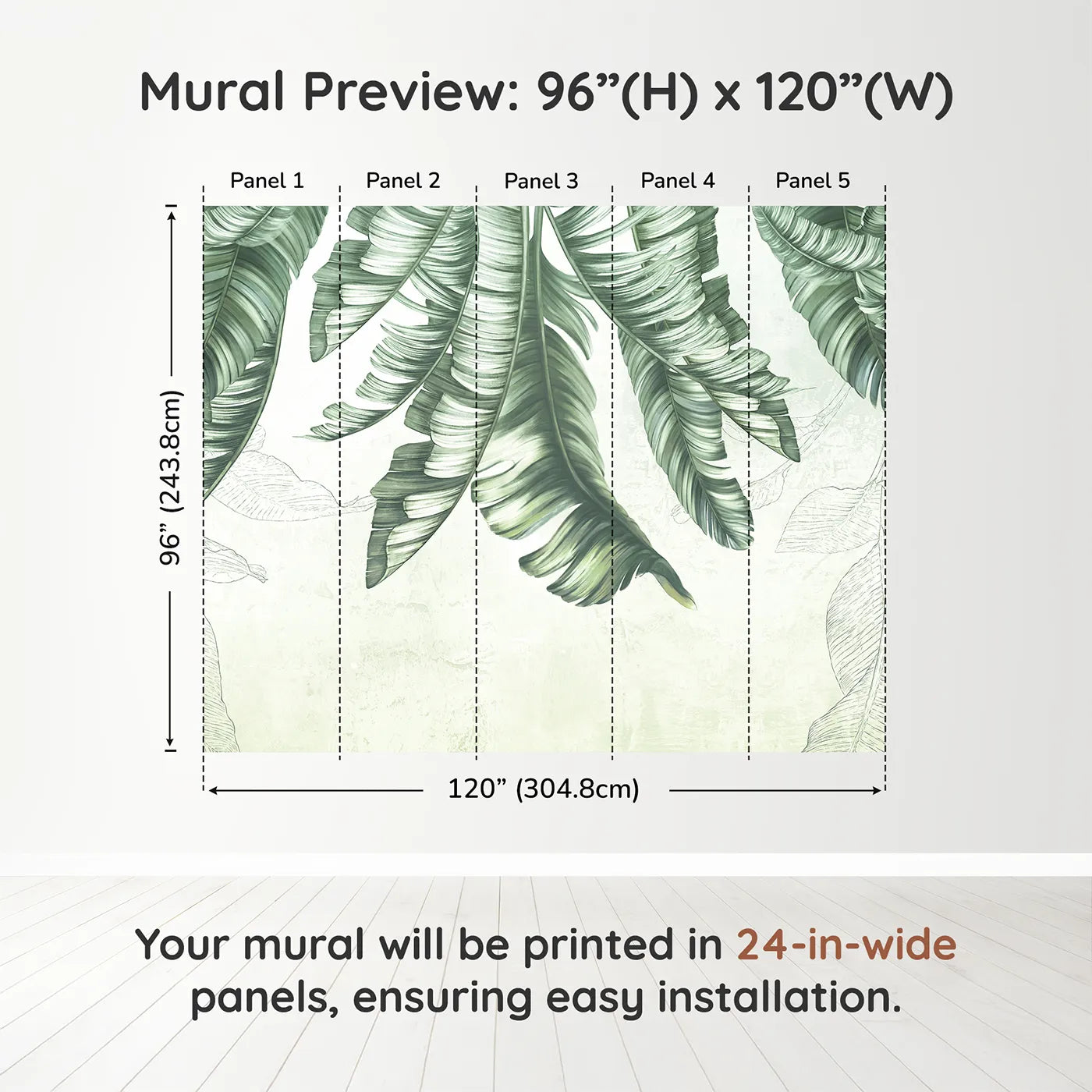 Whimsy Tots Hanging Banana Leaves Wall Muraldimension view (96" H x 120" W). Printed in five 24-inch-wide panels. Gender-Neutral