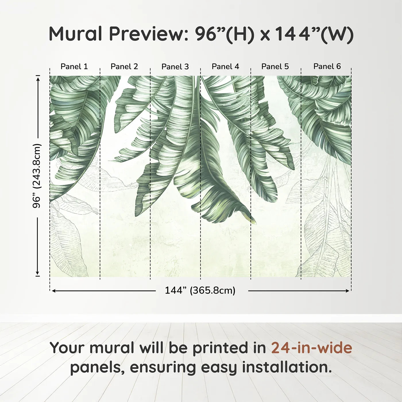 Whimsy Tots Hanging Banana Leaves Wall Muraldimension view (96" H x 144" W). Printed in six 24-inch-wide panels. Gender-Neutral