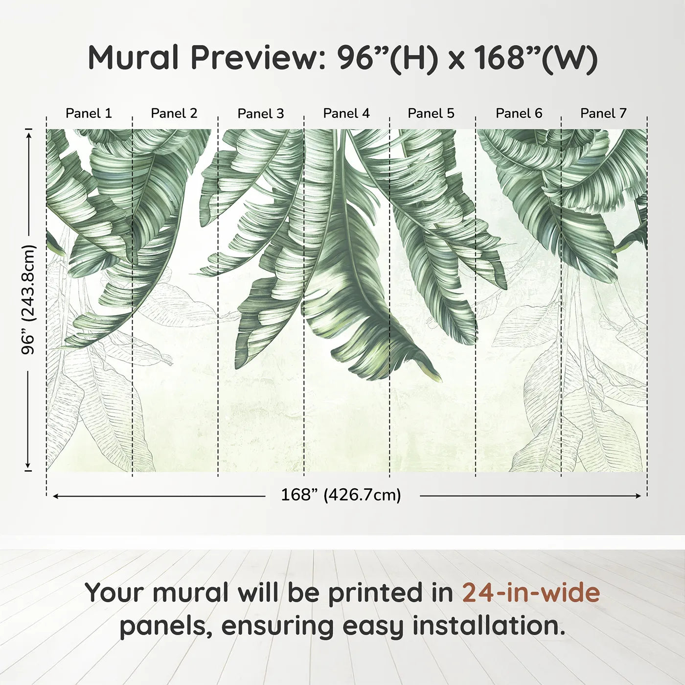 Whimsy Tots Hanging Banana Leaves Wall Muraldimension view (96" H x 168" W). Printed in seven 24-inch-wide panels. Gender-Neutral