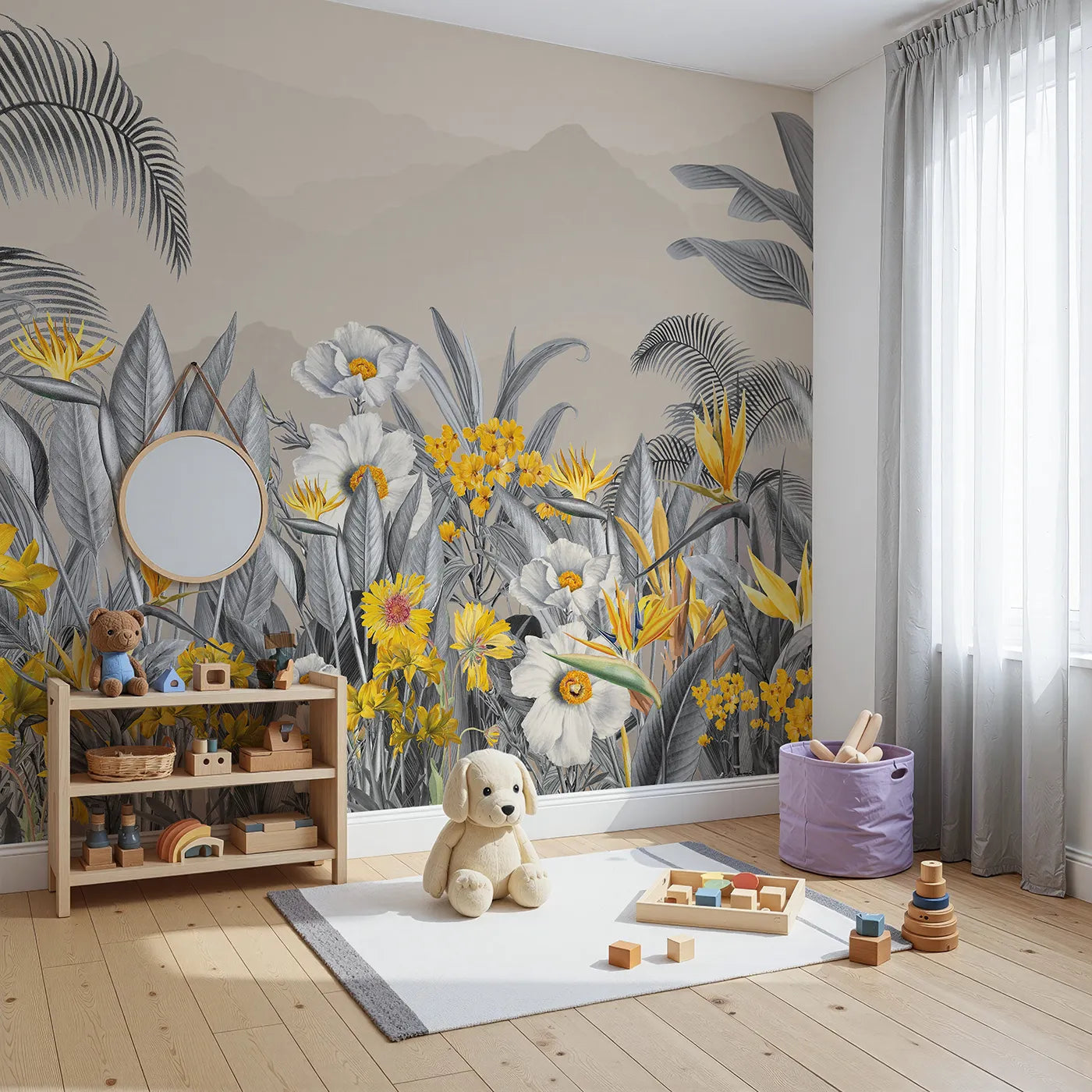 Angled view of Whimsy Tots' Yellow and Gray Tropical Garden Wall Mural (Turn Their Room into a Chic and Sunny Paradise).Gender-Neutral