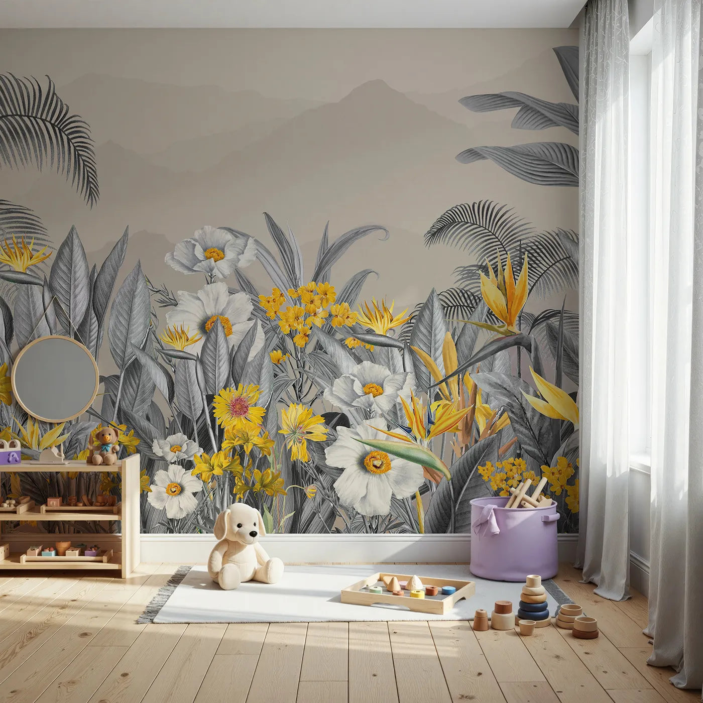 Front view of Whimsy Tots' Yellow and Gray Tropical Garden Wall Mural