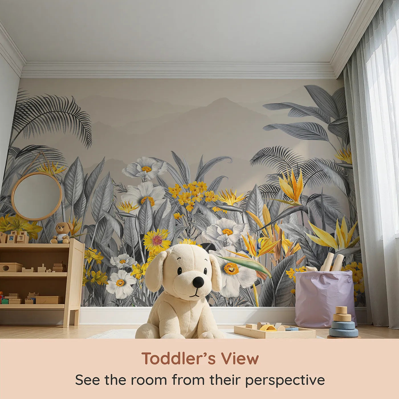 Whimsy Tots Yellow and Gray Tropical Garden Wall Mural (Turn Their Room into a Chic and Sunny Paradise) from your child's view.Gender-Neutral