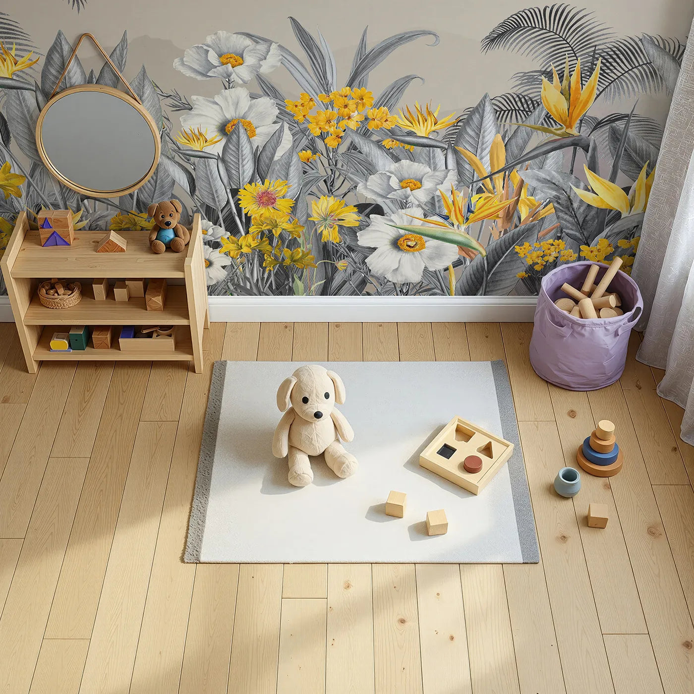 Top-down view of Whimsy Tots' Yellow and Gray Tropical Garden Wall Mural (Turn Their Room into a Chic and Sunny Paradise).Gender-Neutral