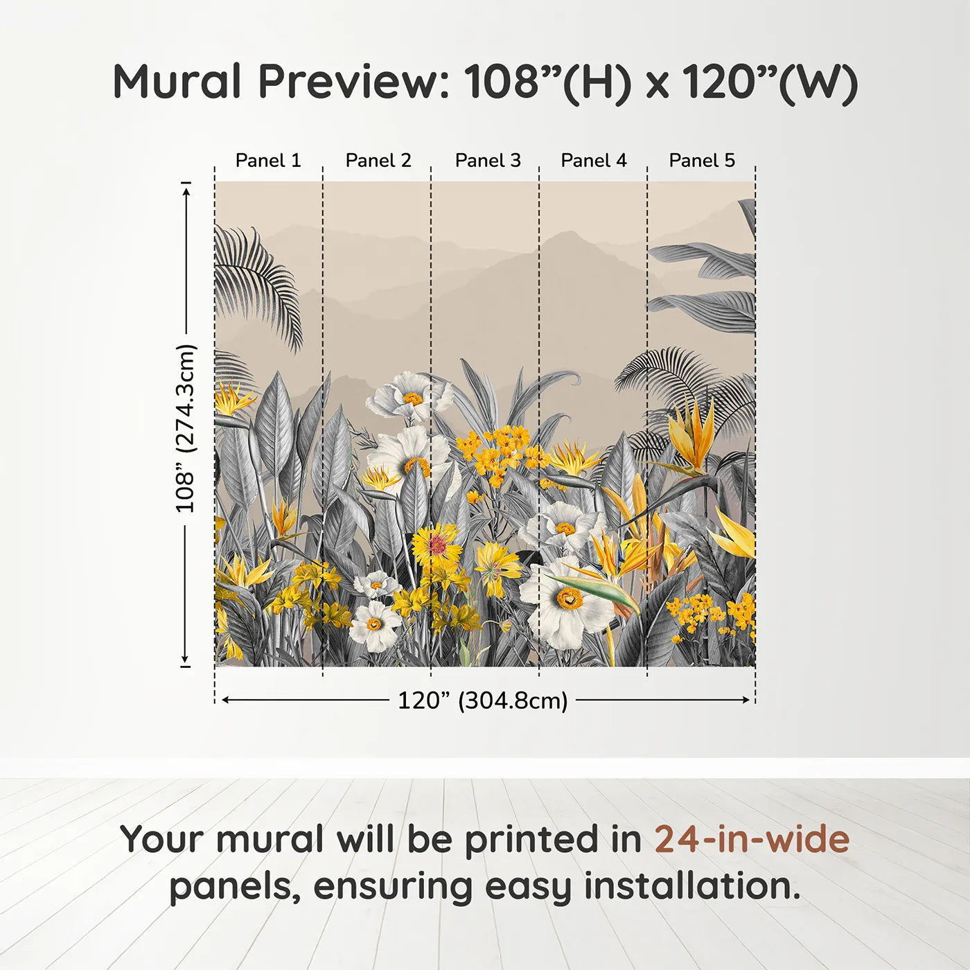 Whimsy Tots Yellow and Gray Tropical Garden Wall Muraldimension view (108" H x 120" W). Printed in five 24-inch-wide panels. Gender-Neutral