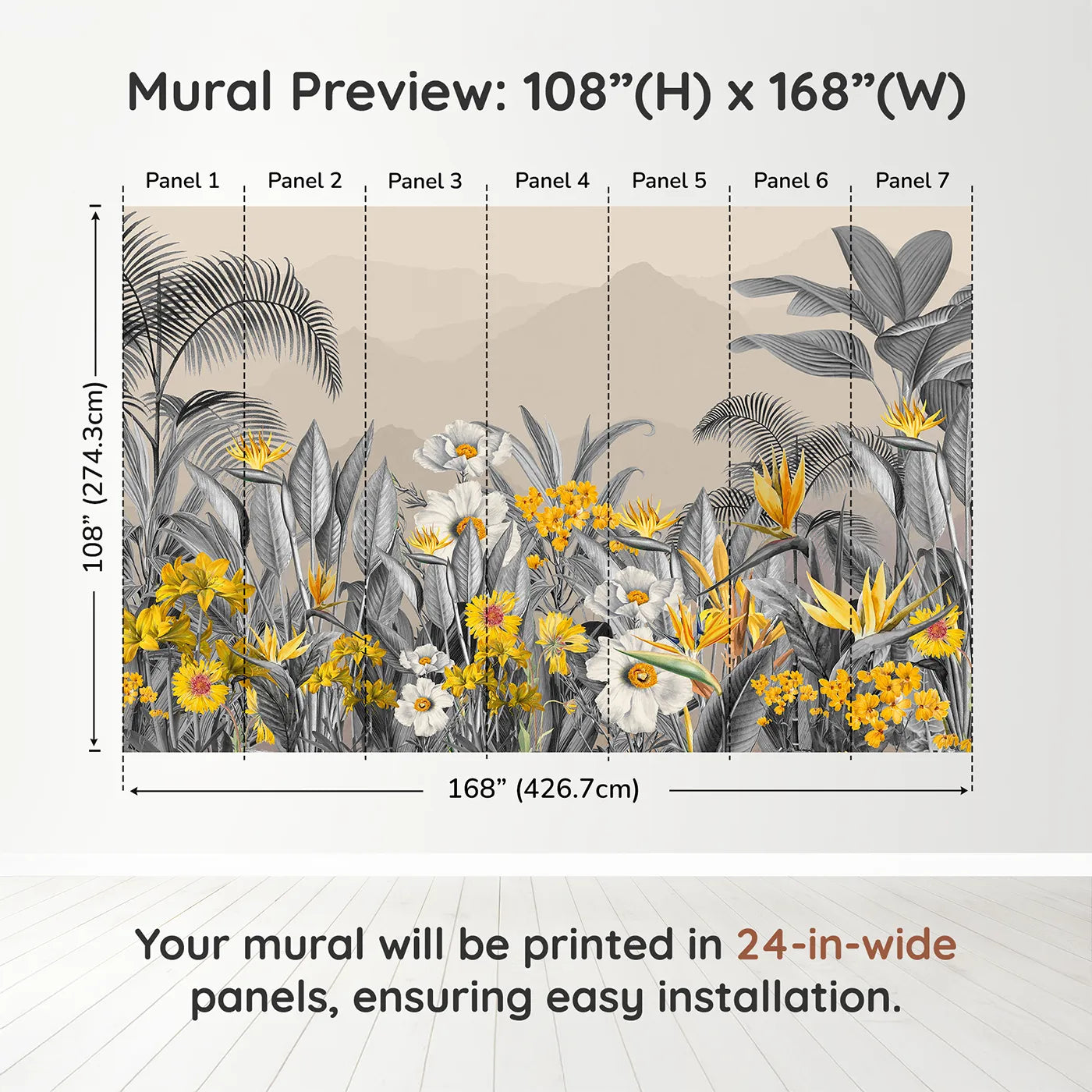 Whimsy Tots Yellow and Gray Tropical Garden Wall Muraldimension view (108" H x 168" W). Printed in seven 24-inch-wide panels. Gender-Neutral
