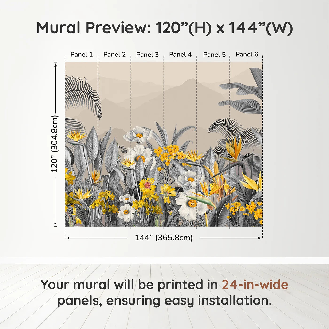 Whimsy Tots Yellow and Gray Tropical Garden Wall Muraldimension view (120" H x 144" W). Printed in six 24-inch-wide panels. Gender-Neutral