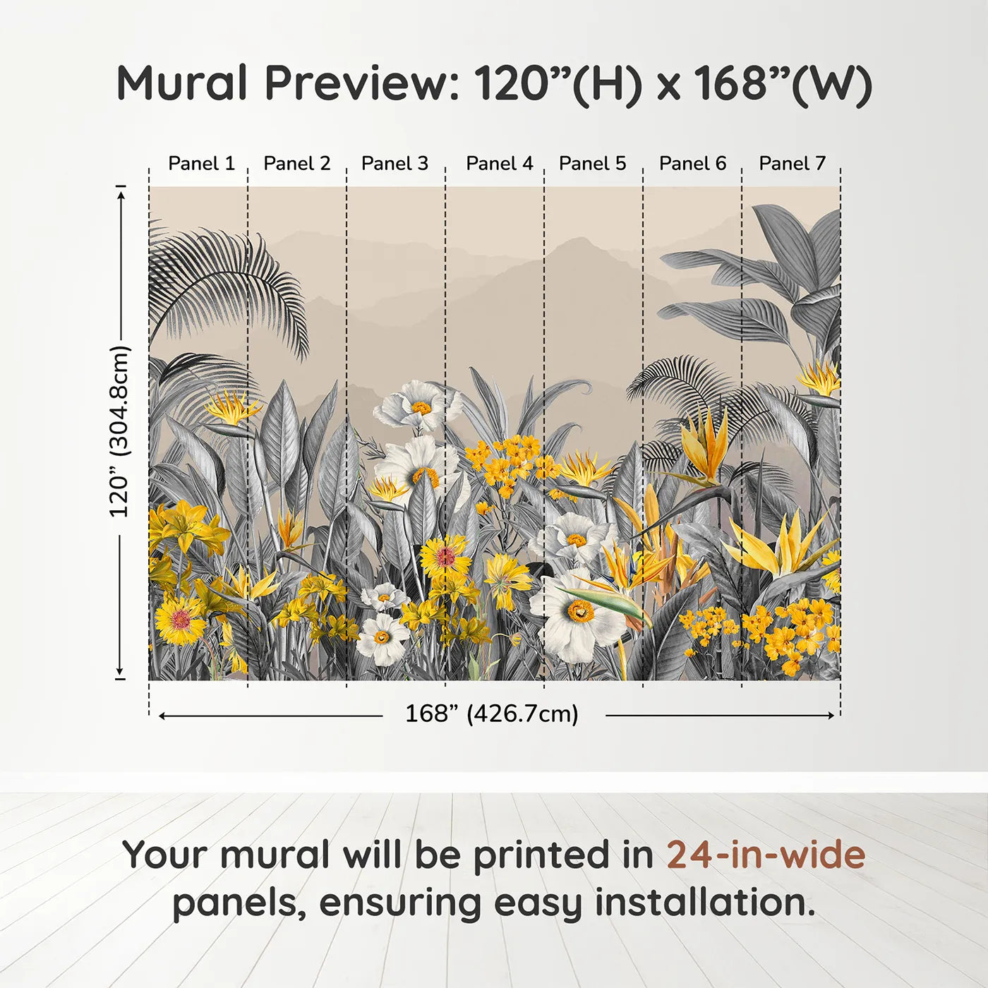 Whimsy Tots Yellow and Gray Tropical Garden Wall Muraldimension view (120" H x 168" W). Printed in seven 24-inch-wide panels. Gender-Neutral