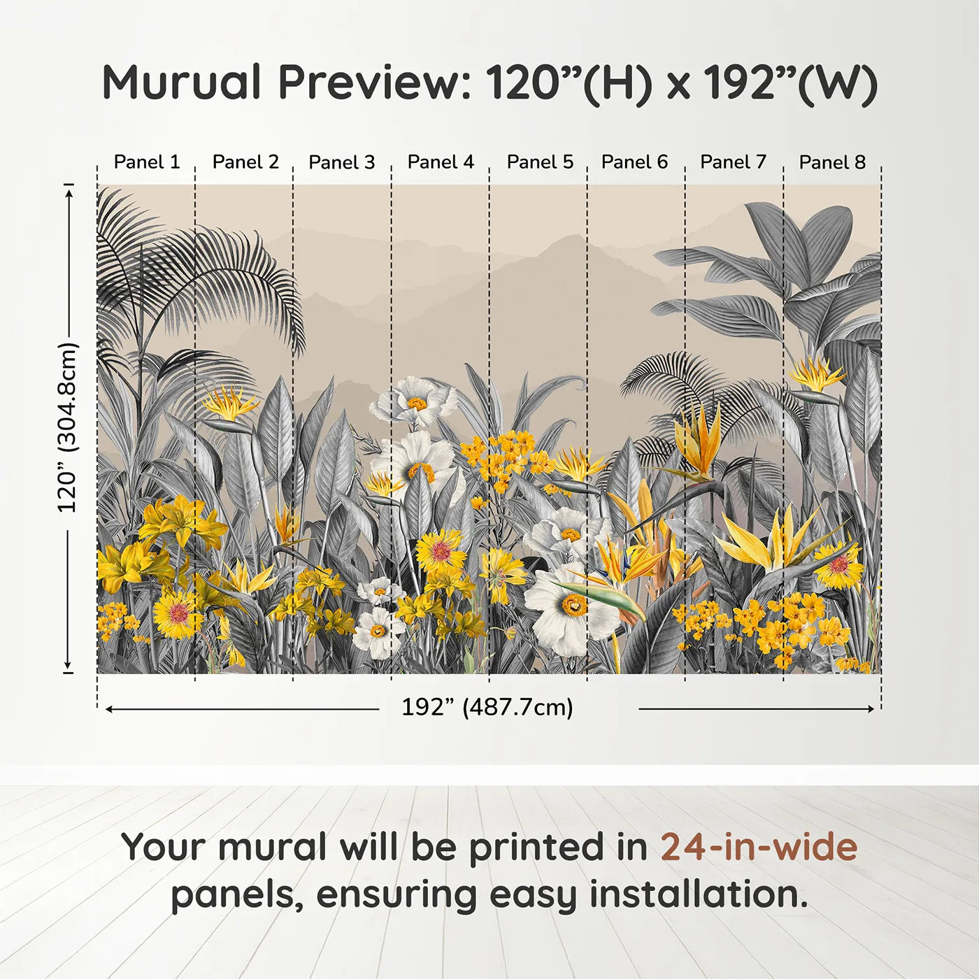 Whimsy Tots Yellow and Gray Tropical Garden Wall Muraldimension view (120" H x 192" W). Printed in eight 24-inch-wide panels. Gender-Neutral