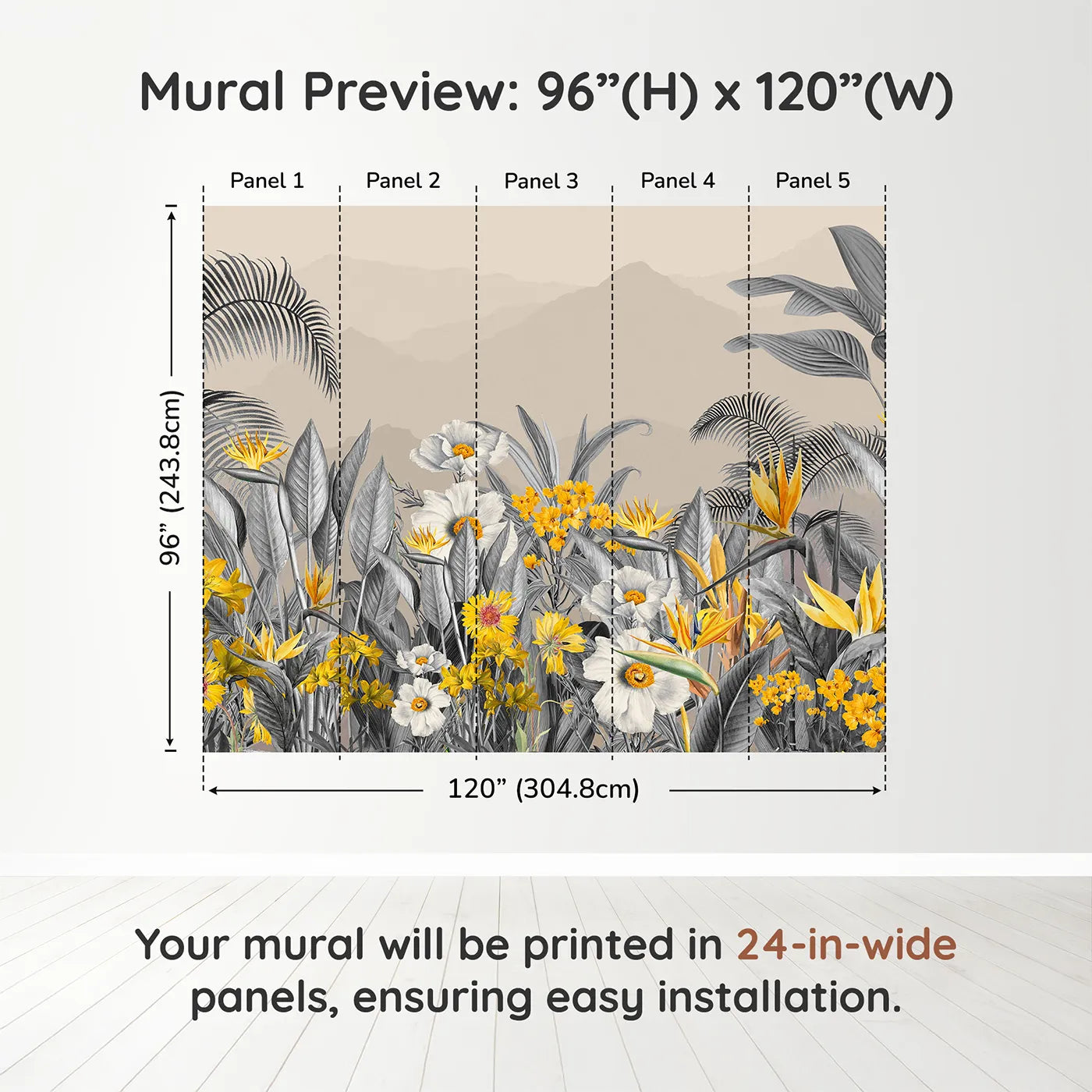 Whimsy Tots Yellow and Gray Tropical Garden Wall Muraldimension view (96" H x 120" W). Printed in five 24-inch-wide panels. Gender-Neutral