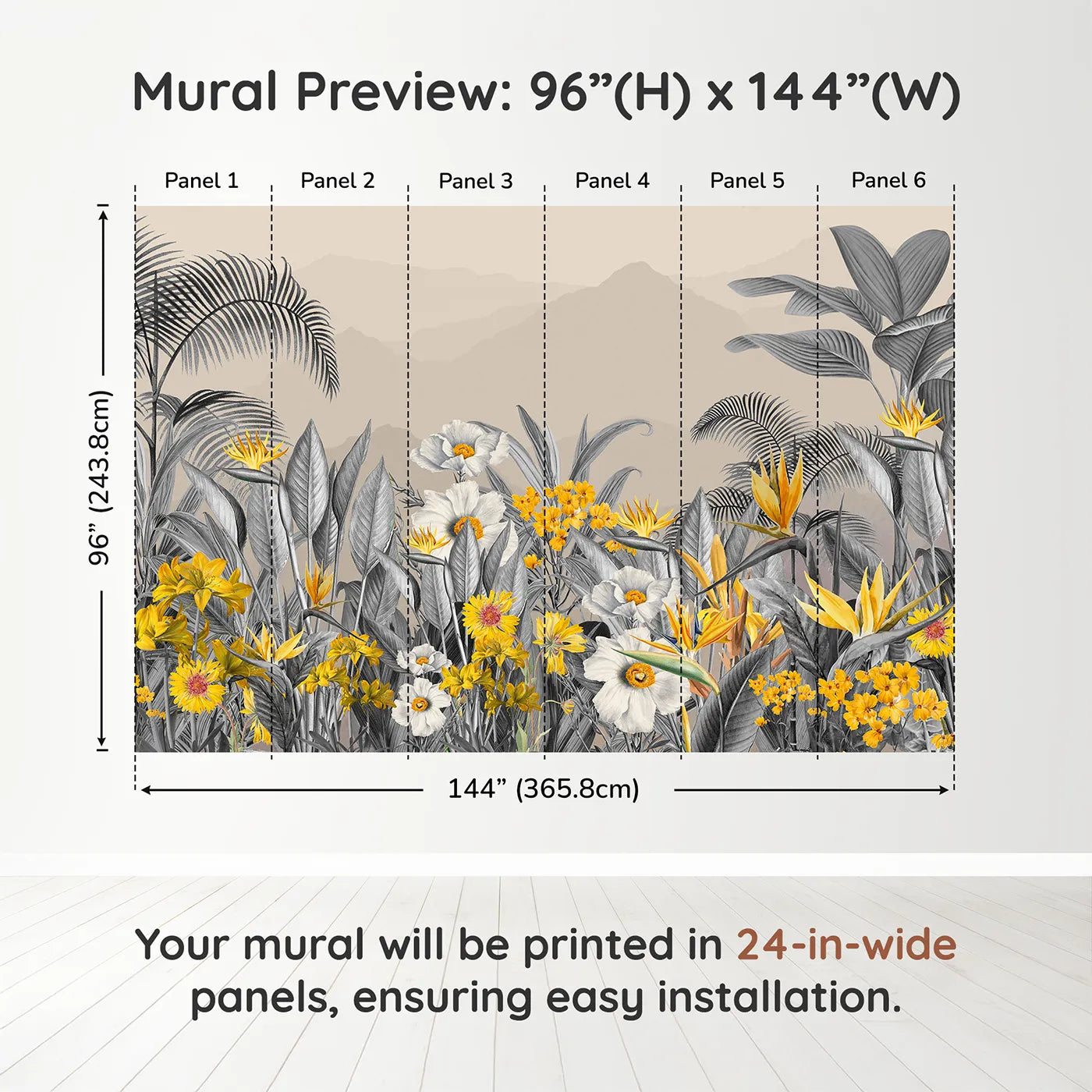 Whimsy Tots Yellow and Gray Tropical Garden Wall Muraldimension view (96" H x 144" W). Printed in six 24-inch-wide panels. Gender-Neutral