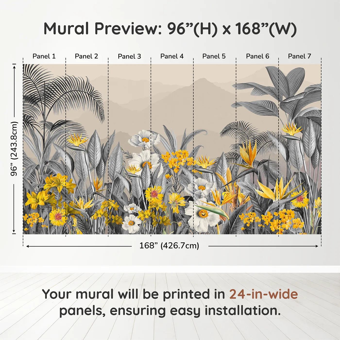 Whimsy Tots Yellow and Gray Tropical Garden Wall Muraldimension view (96" H x 168" W). Printed in seven 24-inch-wide panels. Gender-Neutral