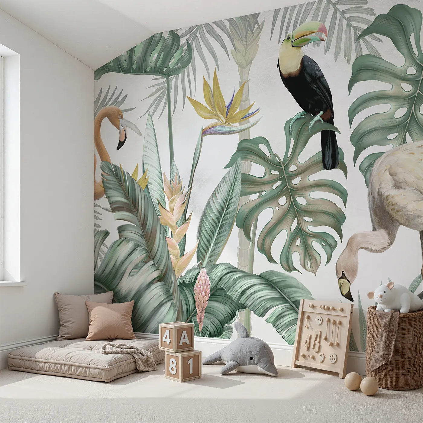 Angled view of Whimsy Tots' Tropical Bird Gathering Wall Mural (Turn Their Room into a Lush and Vibrant Jungle).Gender-Neutral