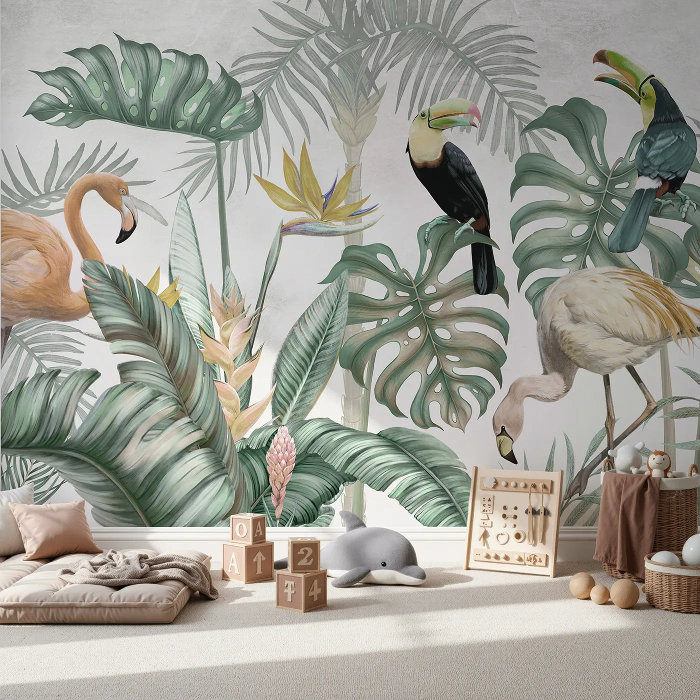 Front view of Whimsy Tots' Tropical Bird Gathering Wall Mural