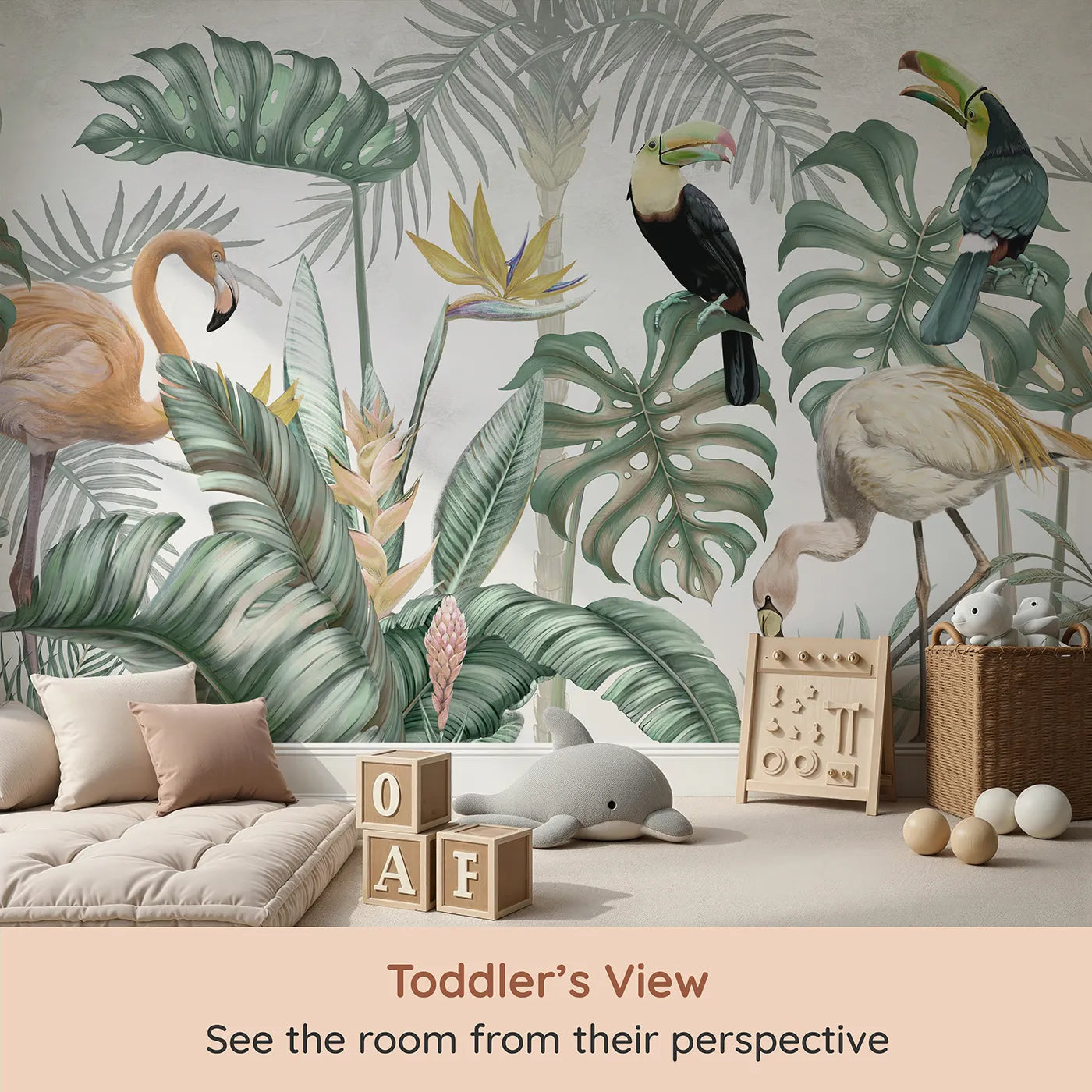 Whimsy Tots Tropical Bird Gathering Wall Mural (Turn Their Room into a Lush and Vibrant Jungle) from your child's view.Gender-Neutral