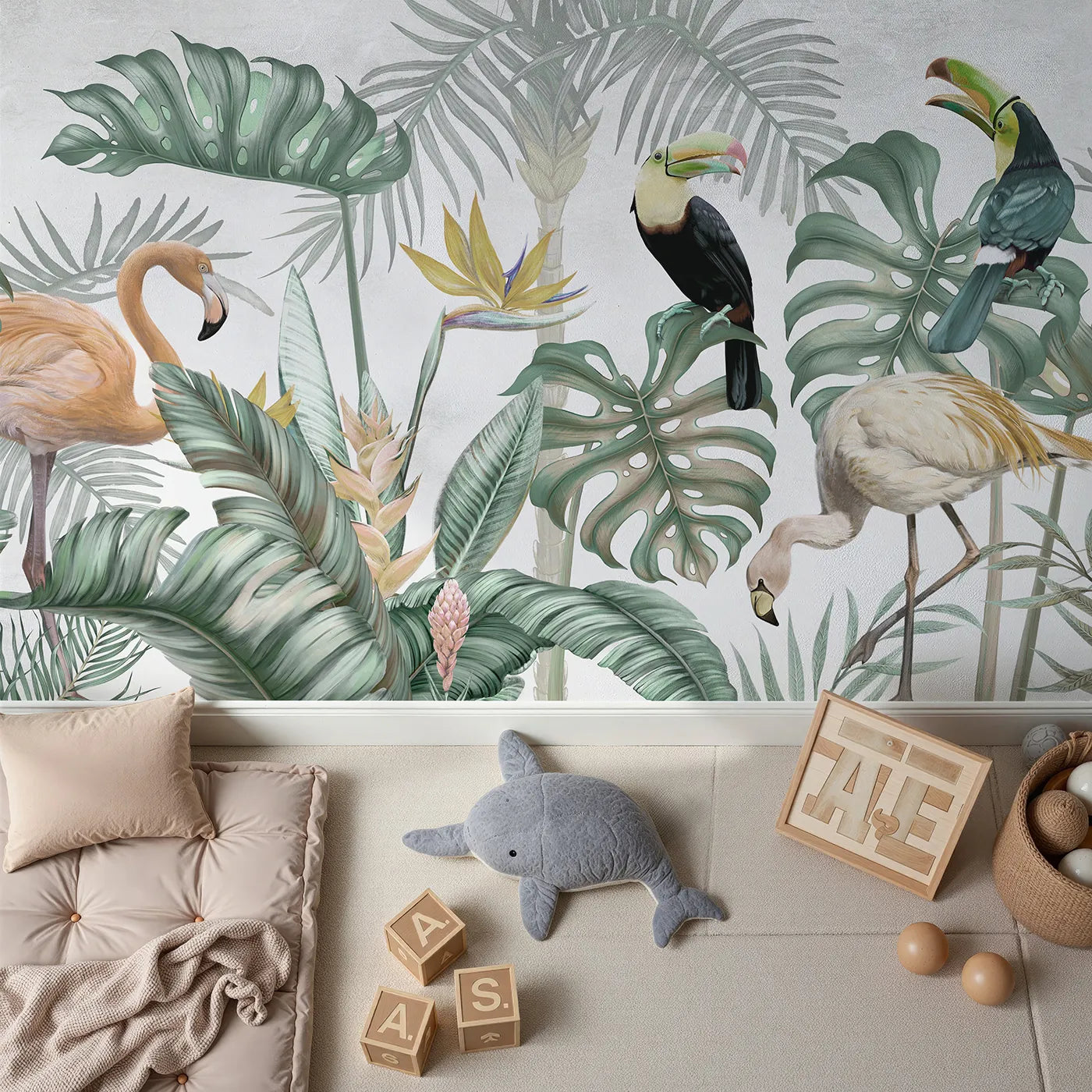 Top-down view of Whimsy Tots' Tropical Bird Gathering Wall Mural (Turn Their Room into a Lush and Vibrant Jungle).Gender-Neutral