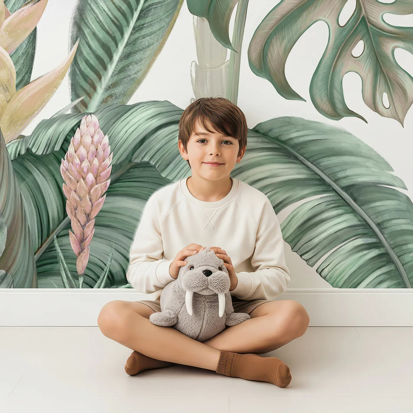 Child in front of Whimsy Tots Tropical Bird Gathering Wall Mural with jungle, tropical, toucan, flamingo, bird, vibrant, realistic, leaf in design.