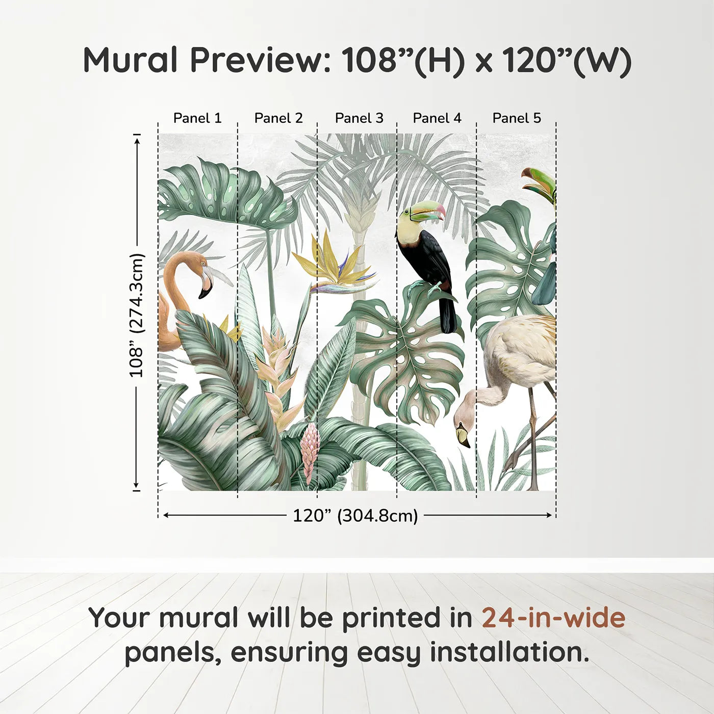 Whimsy Tots Tropical Bird Gathering Wall Muraldimension view (108" H x 120" W). Printed in five 24-inch-wide panels. Gender-Neutral