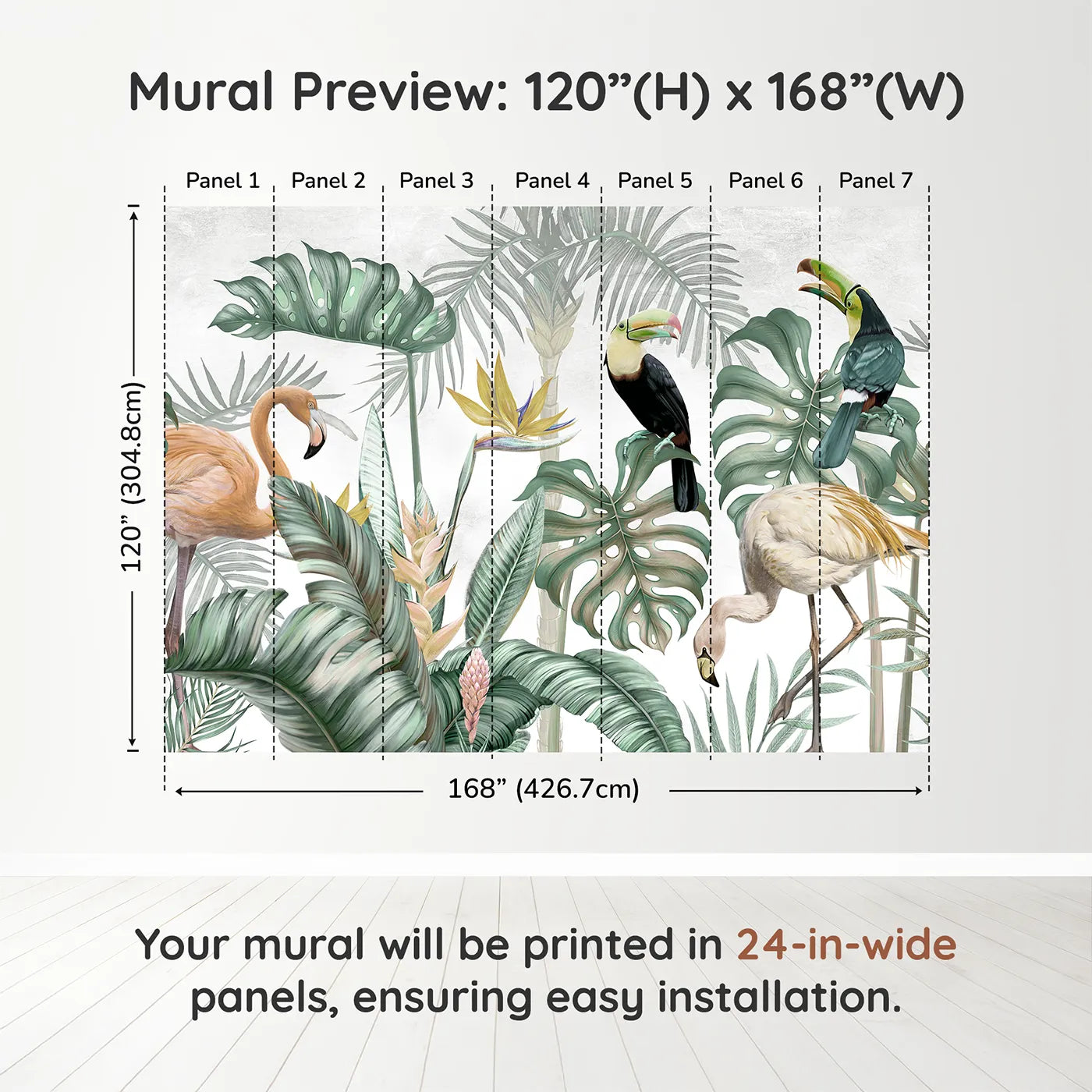 Whimsy Tots Tropical Bird Gathering Wall Muraldimension view (120" H x 168" W). Printed in seven 24-inch-wide panels. Gender-Neutral