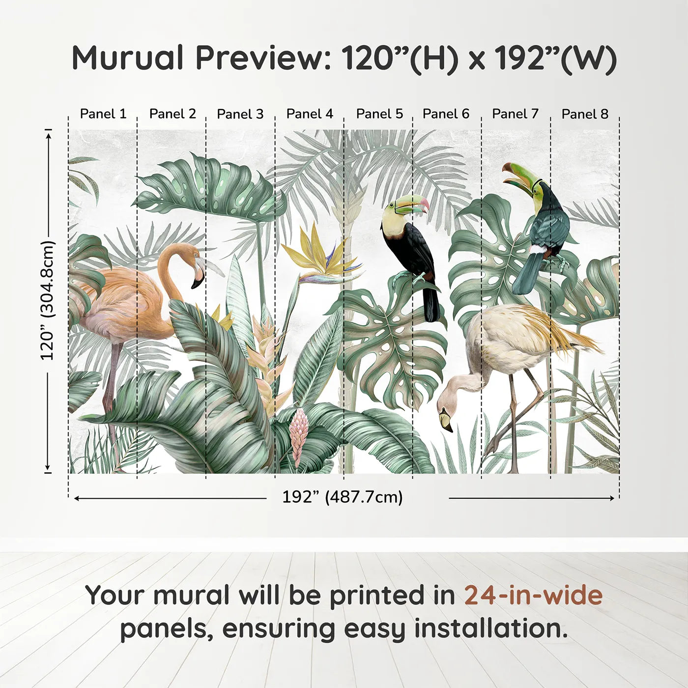 Whimsy Tots Tropical Bird Gathering Wall Muraldimension view (120" H x 192" W). Printed in eight 24-inch-wide panels. Gender-Neutral