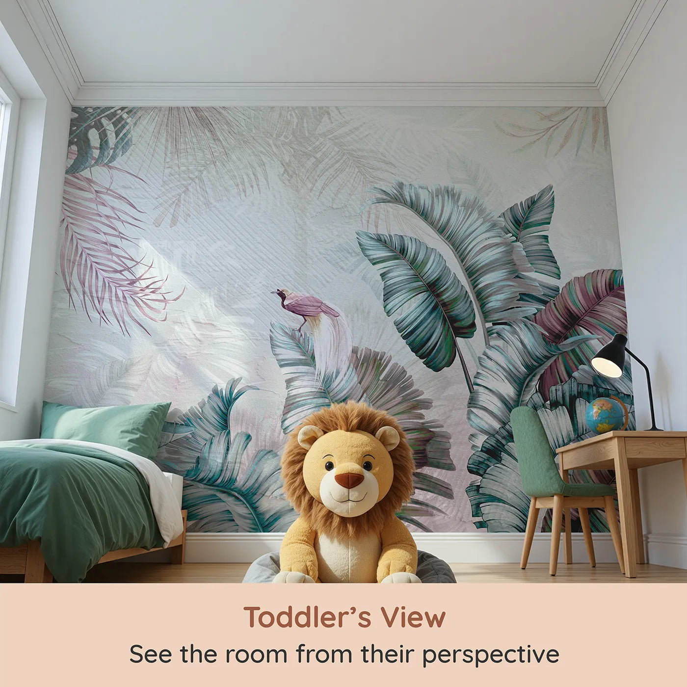 Whimsy Tots Iridescent Jungle Wall Mural (Turn Their Room into a Dreamy, Otherworldly Rainforest) from your child's view.Gender-Neutral
