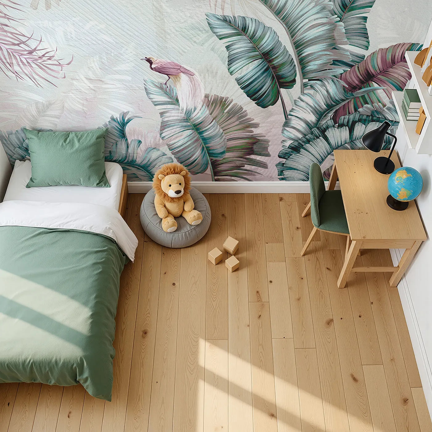 Top-down view of Whimsy Tots' Iridescent Jungle Wall Mural (Turn Their Room into a Dreamy, Otherworldly Rainforest).Gender-Neutral