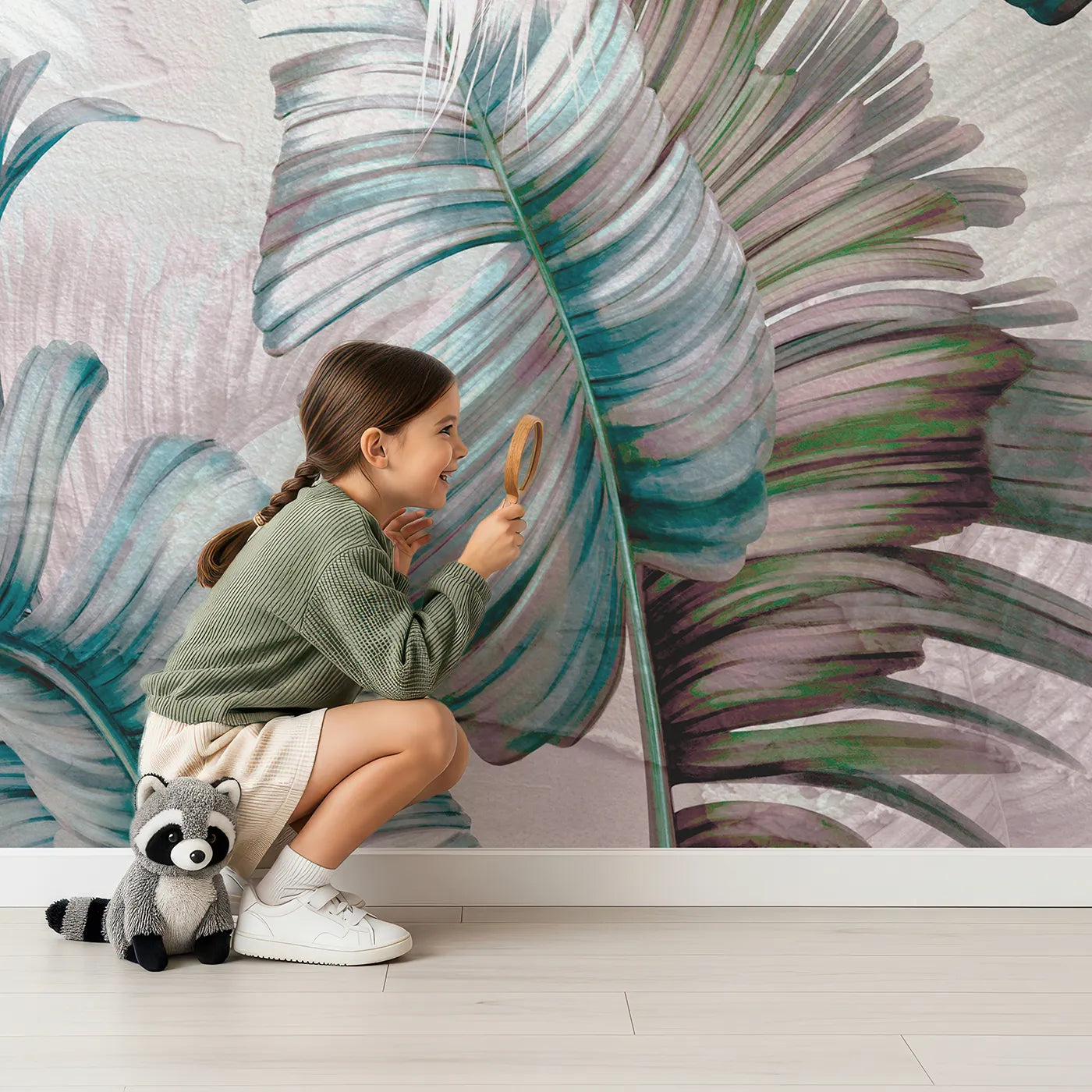 Child in front of Whimsy Tots Iridescent Jungle Wall Mural with jungle, tropical, pastel, colorful, leaf, iridescent, vibrant, pink in design.