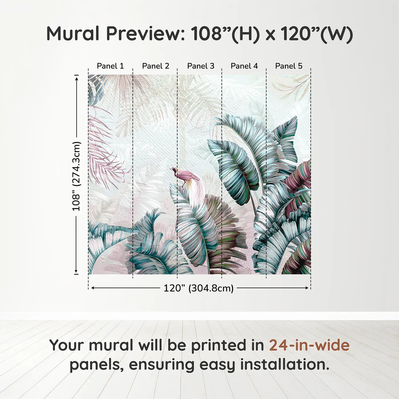 Whimsy Tots Iridescent Jungle Wall Muraldimension view (108" H x 120" W). Printed in five 24-inch-wide panels. Gender-Neutral