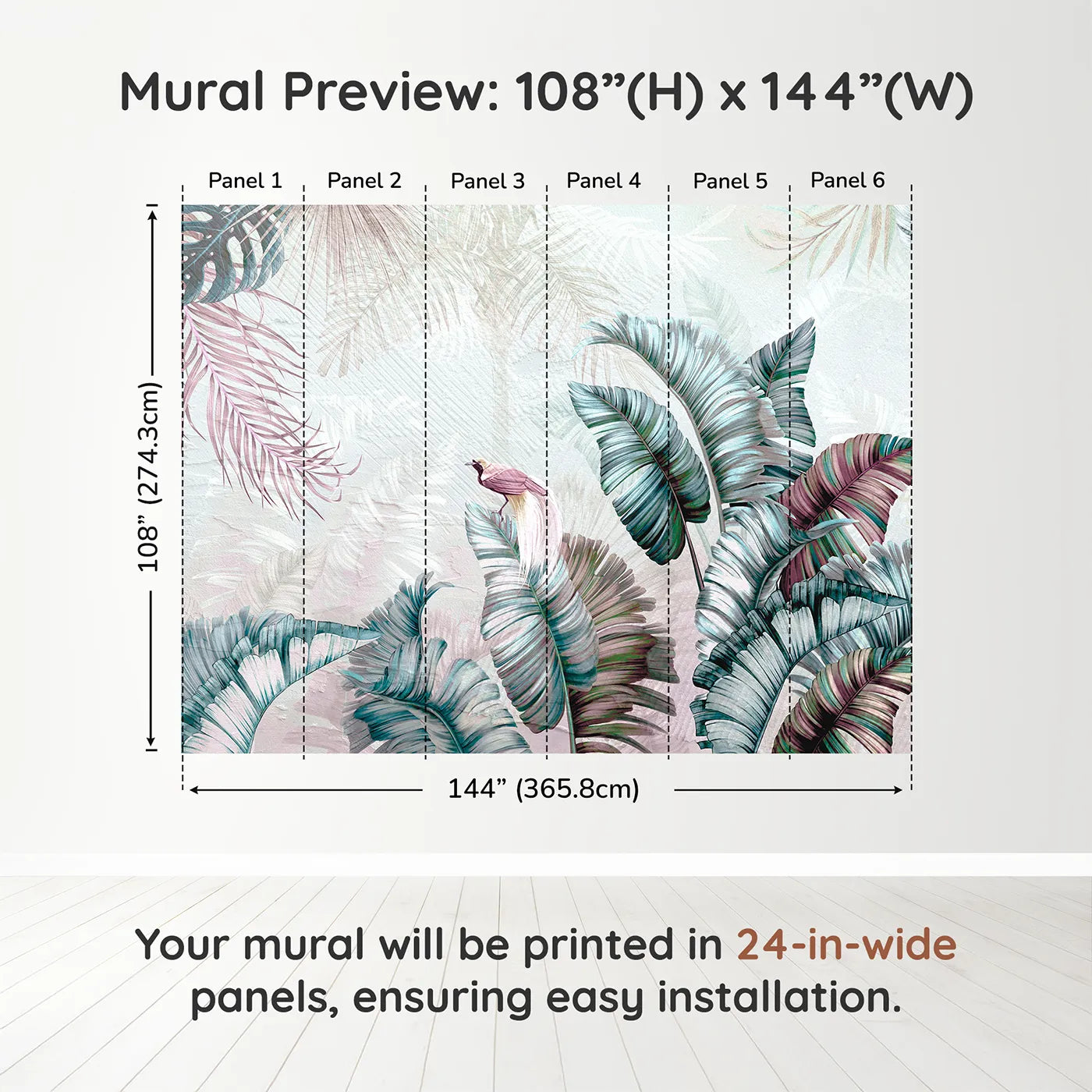 Whimsy Tots Iridescent Jungle Wall Muraldimension view (108" H x 144" W). Printed in six 24-inch-wide panels. Gender-Neutral