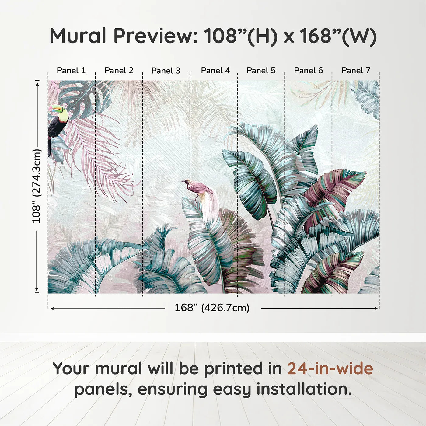 Whimsy Tots Iridescent Jungle Wall Muraldimension view (108" H x 168" W). Printed in seven 24-inch-wide panels. Gender-Neutral