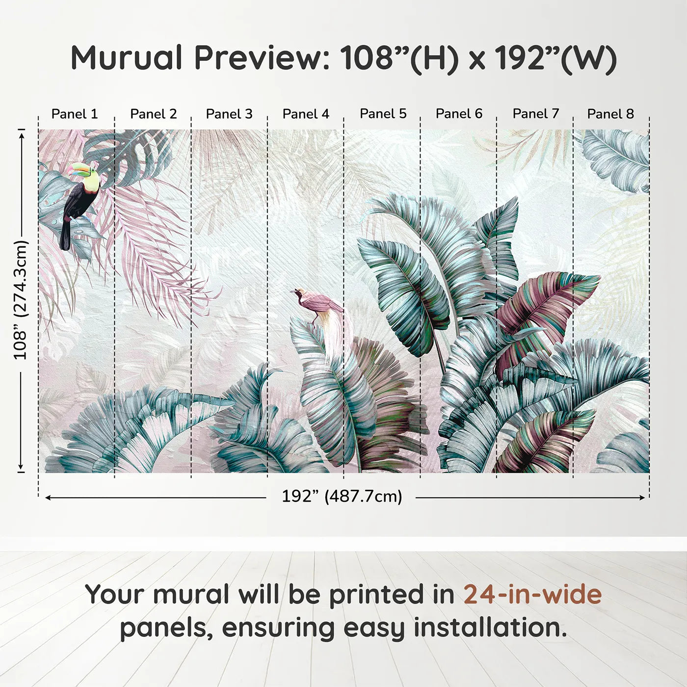Whimsy Tots Iridescent Jungle Wall Muraldimension view (108" H x 192" W). Printed in eight 24-inch-wide panels. Gender-Neutral