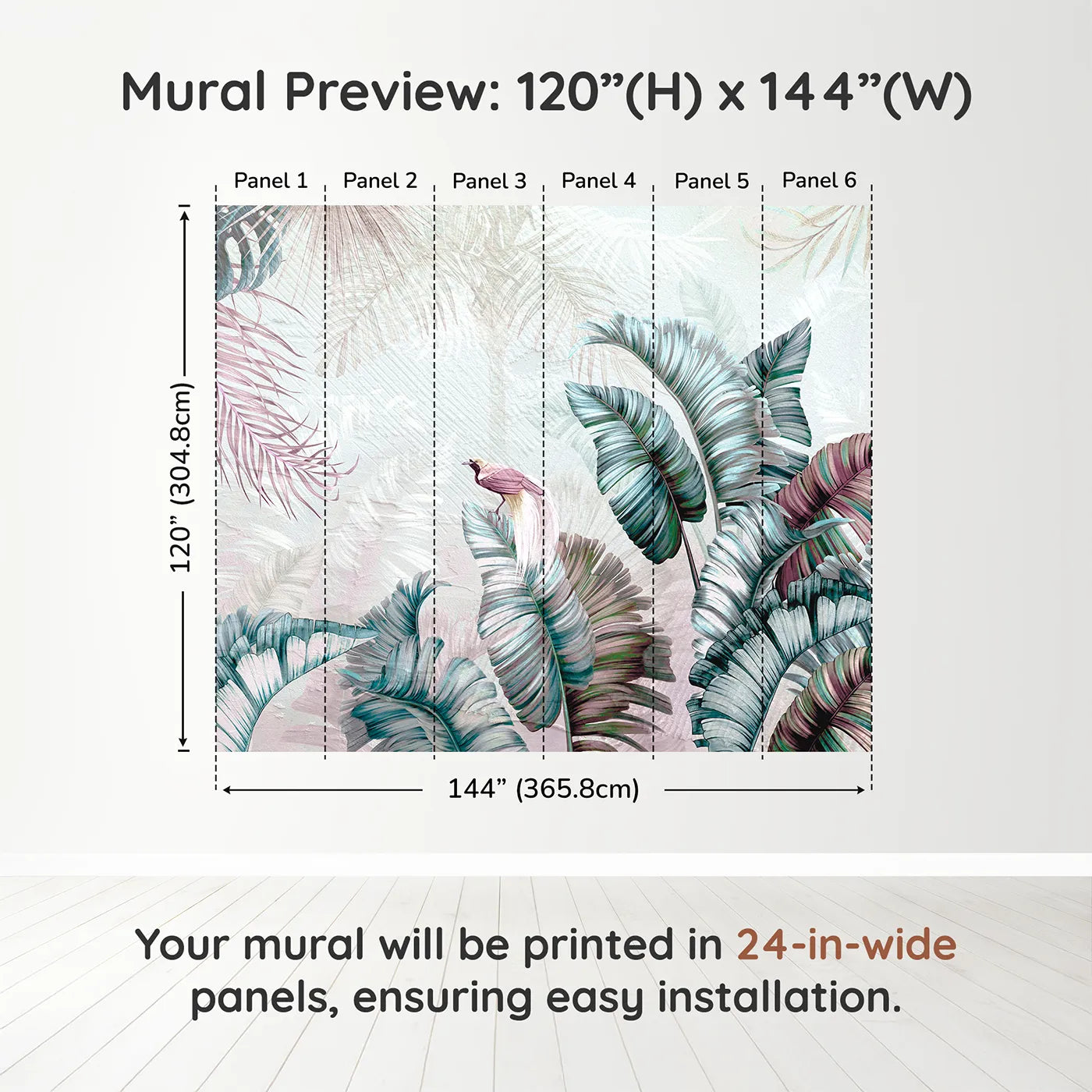 Whimsy Tots Iridescent Jungle Wall Muraldimension view (120" H x 144" W). Printed in six 24-inch-wide panels. Gender-Neutral