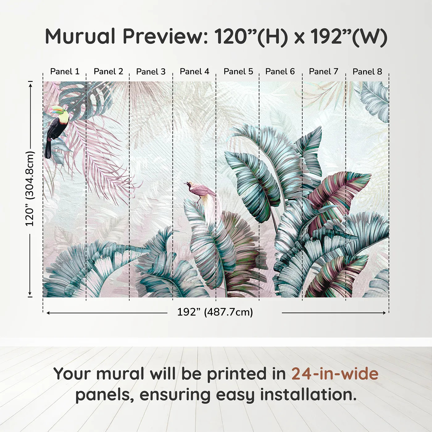 Whimsy Tots Iridescent Jungle Wall Muraldimension view (120" H x 192" W). Printed in eight 24-inch-wide panels. Gender-Neutral