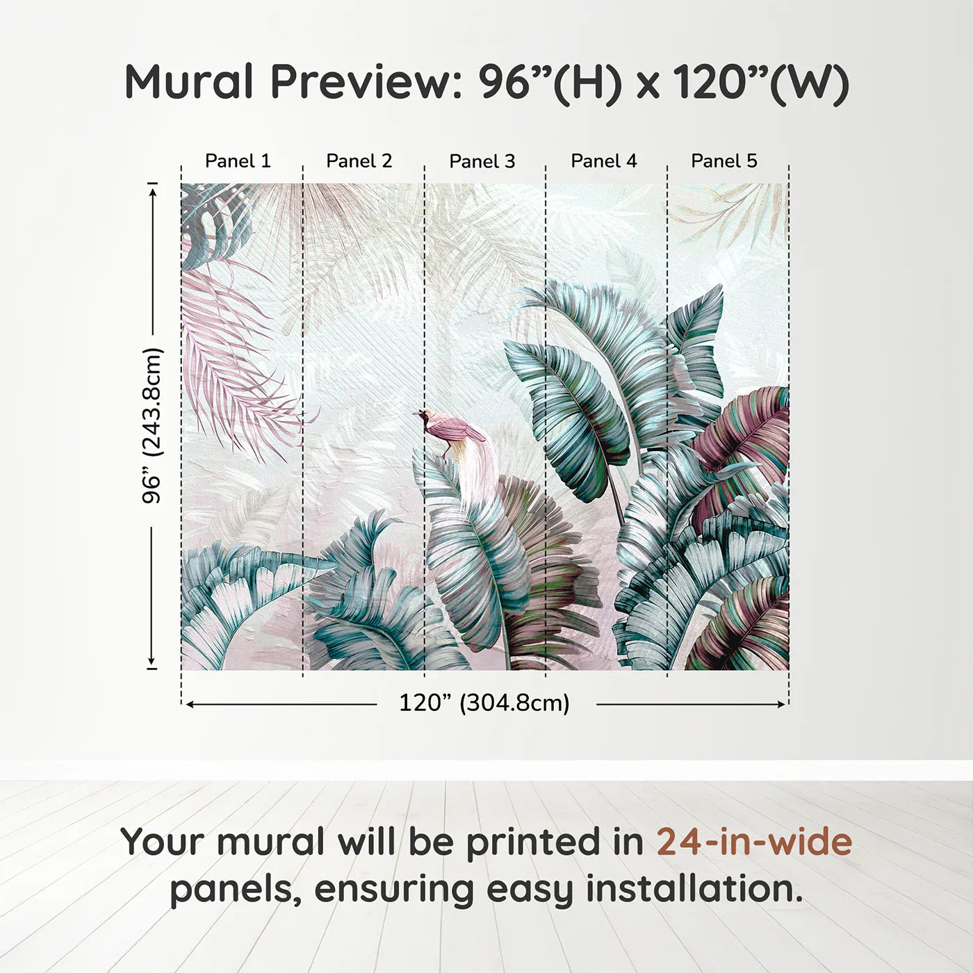 Whimsy Tots Iridescent Jungle Wall Muraldimension view (96" H x 120" W). Printed in five 24-inch-wide panels. Gender-Neutral