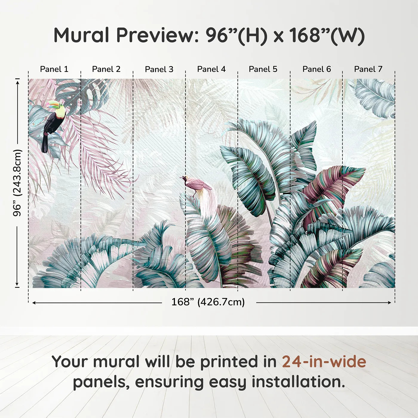 Whimsy Tots Iridescent Jungle Wall Muraldimension view (96" H x 168" W). Printed in seven 24-inch-wide panels. Gender-Neutral