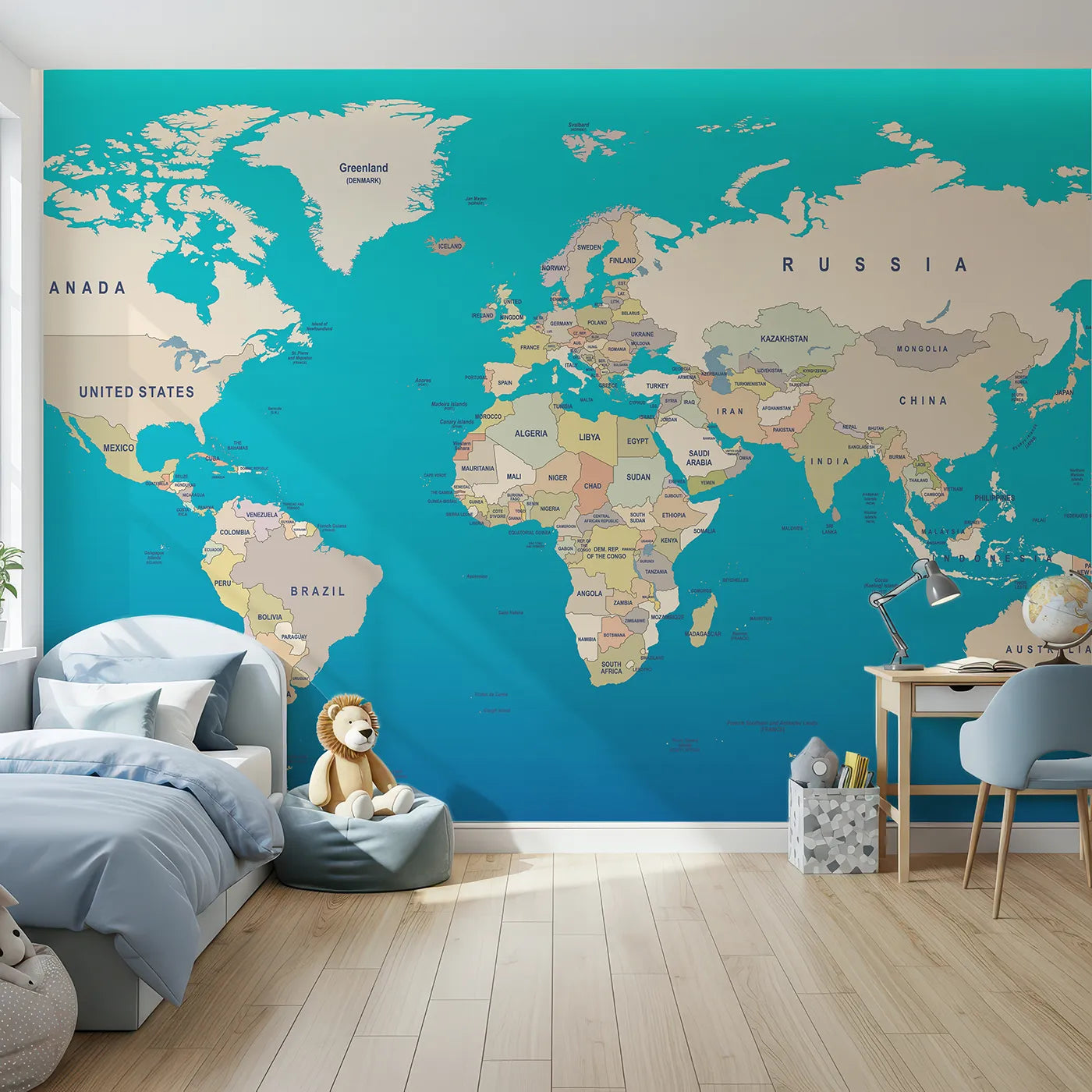 Front view of Whimsy Tots' Political World Map Wall Mural
